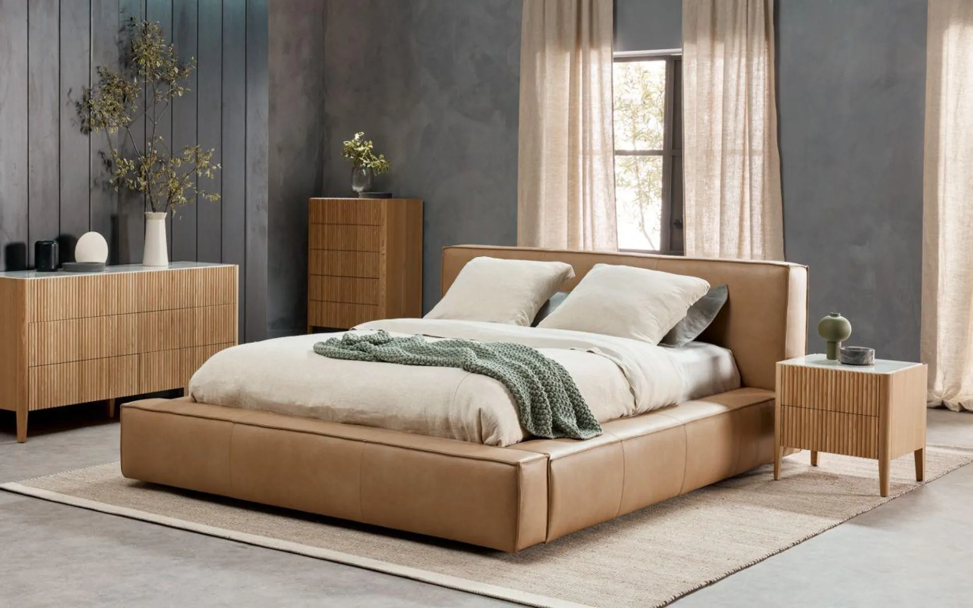 Westminster queen bed frame in vintage leather nude