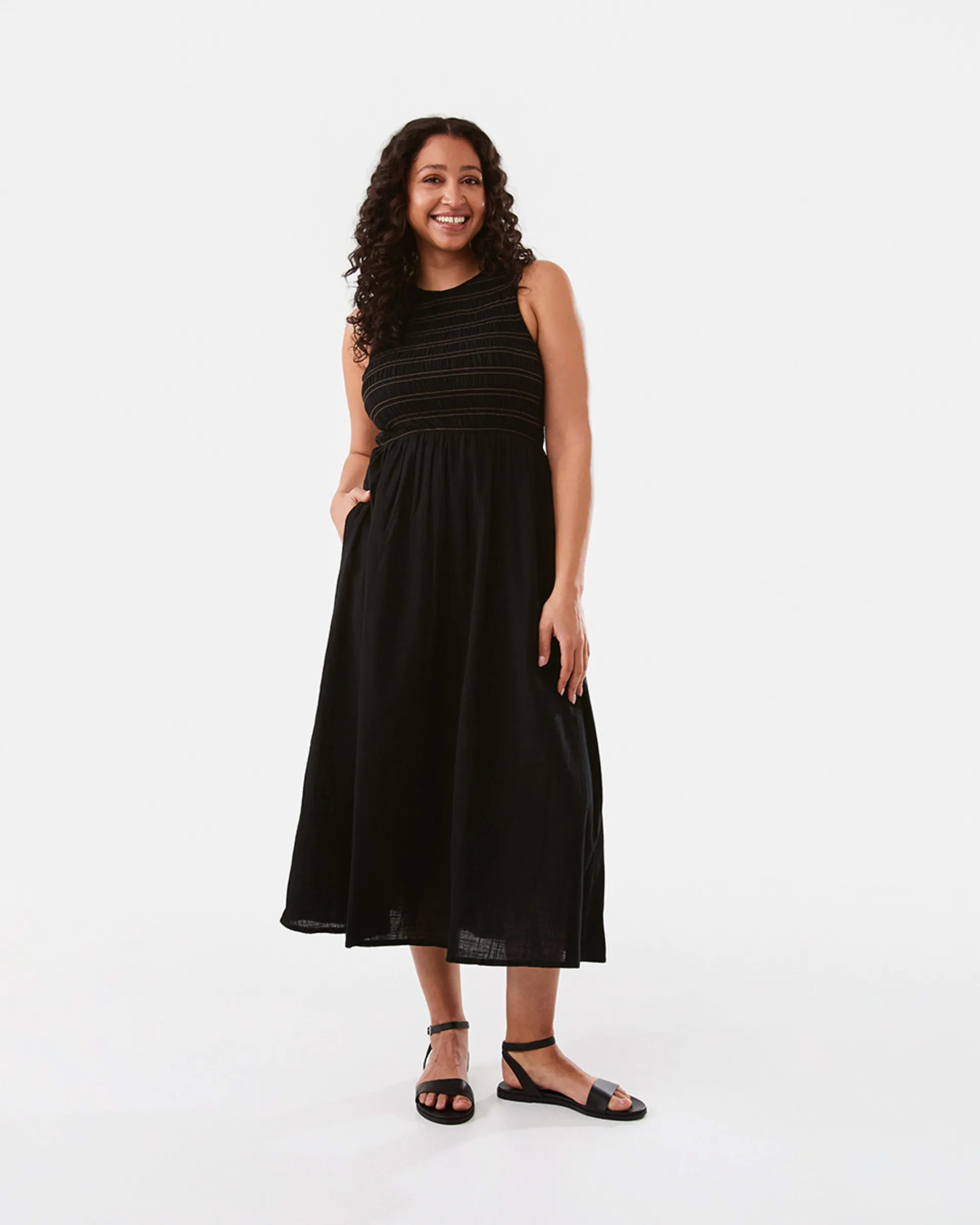 Sleeveless Shirred Bodice Midi Dress