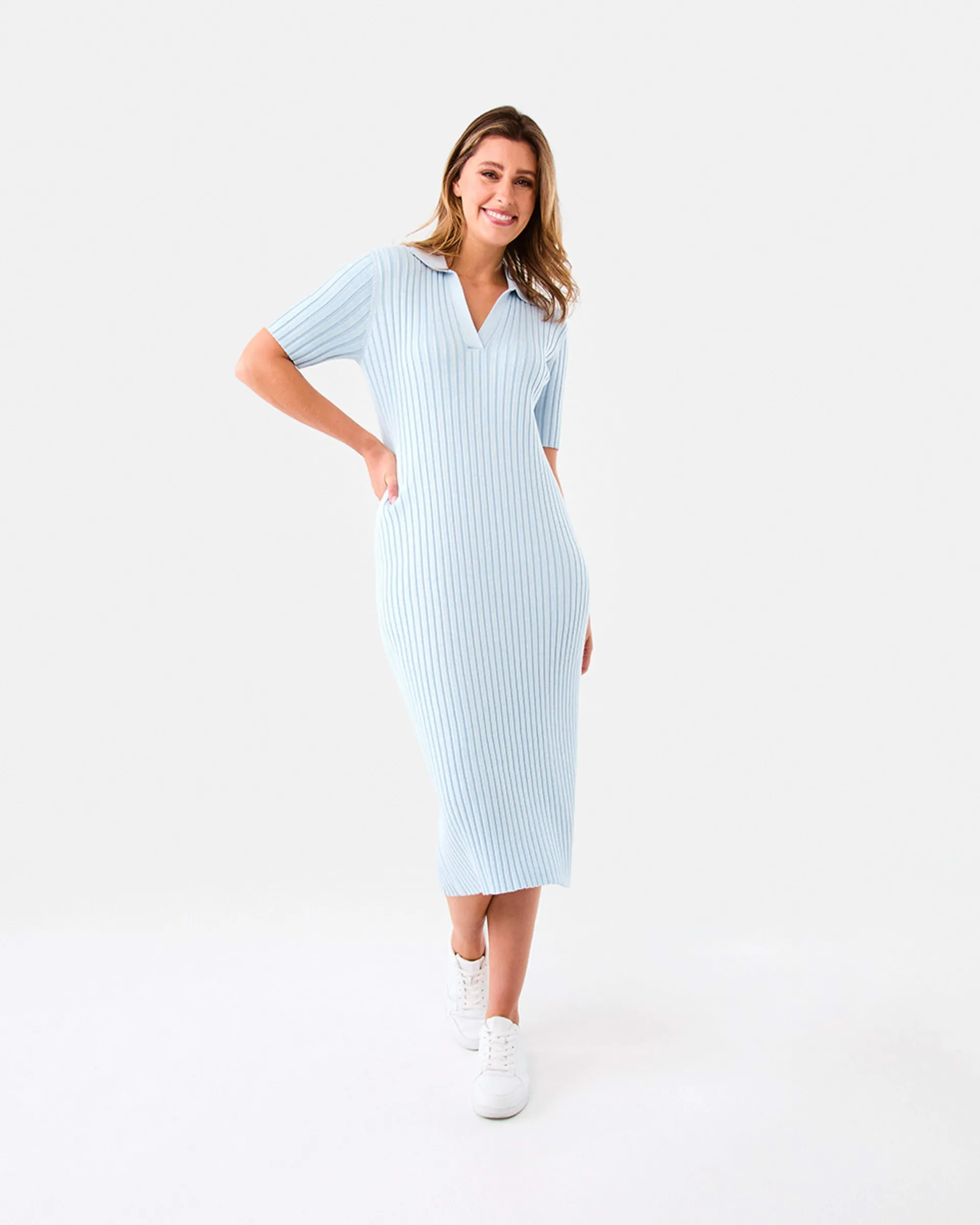 Short Sleeve True Knit Polo Rib Midi Dress