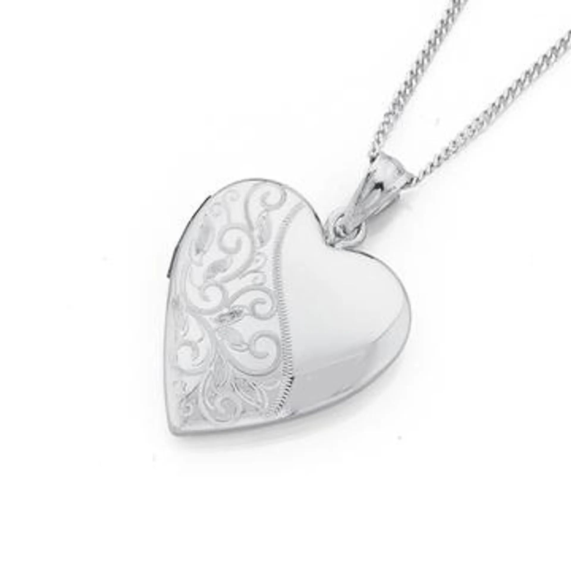 Silver 20mm Half Engraved With Diamond Heart Locket