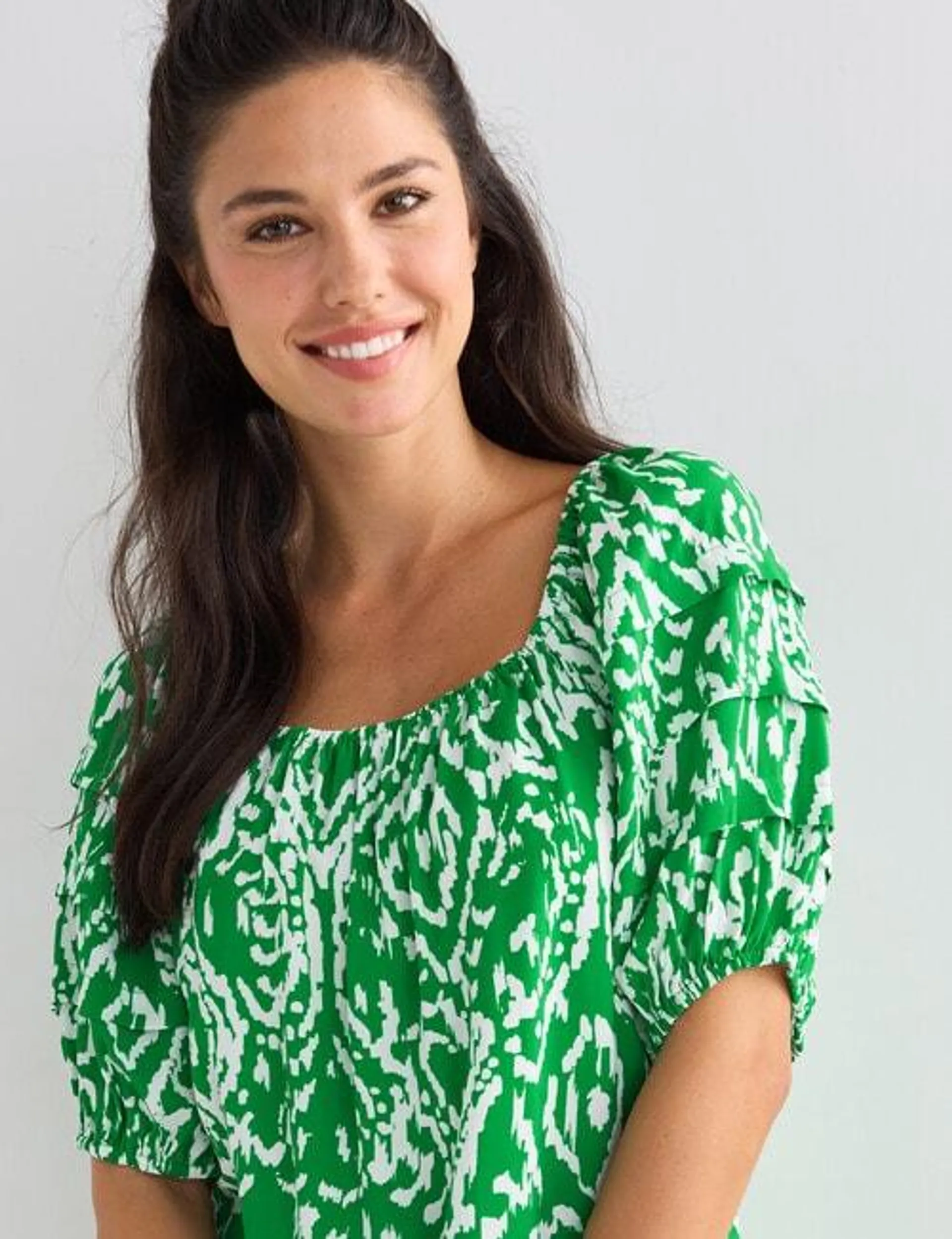 Whistle Aegean Print Puff Sleeve Top, Green