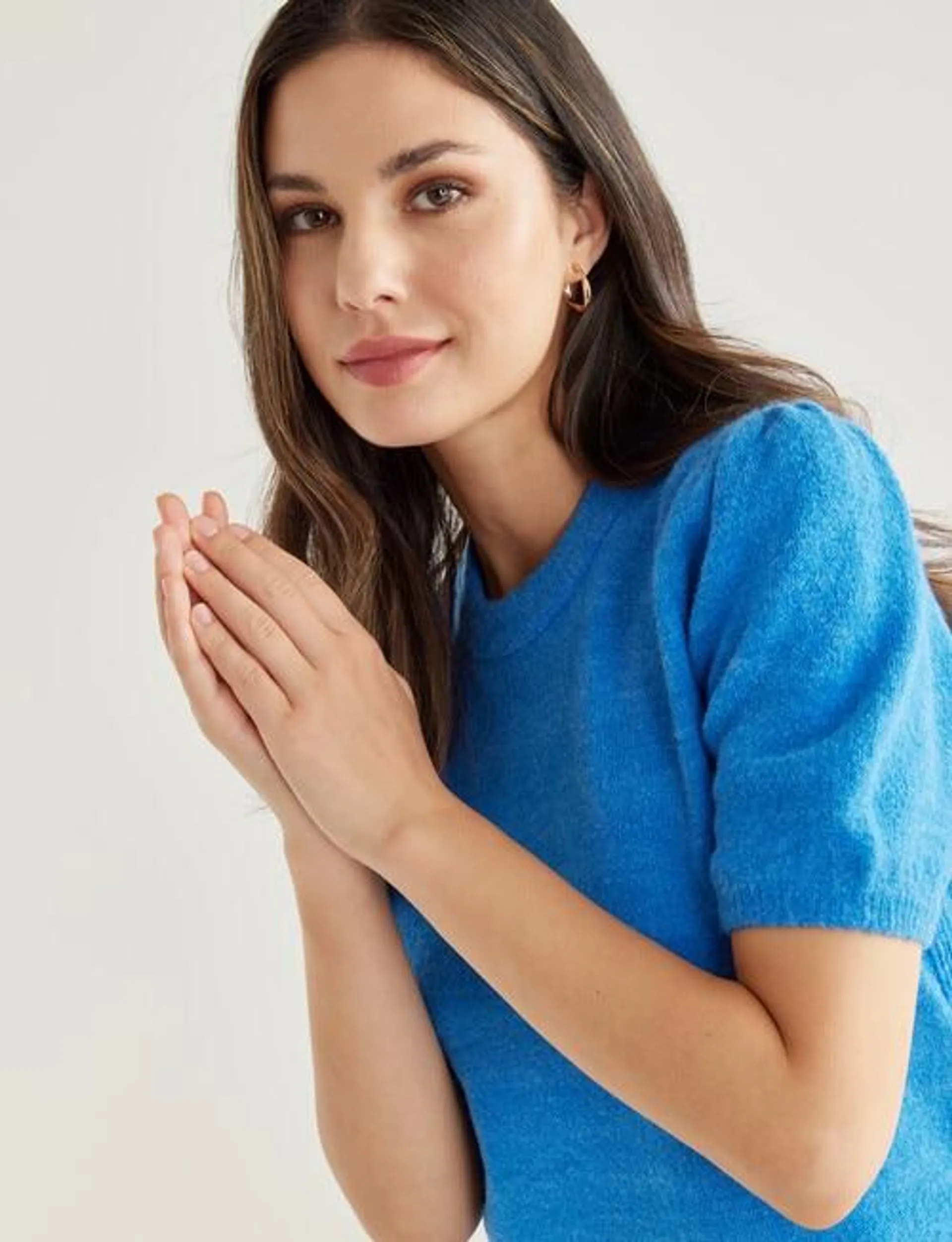 Whistle Knitted Puff Sleeve Tee, Azure