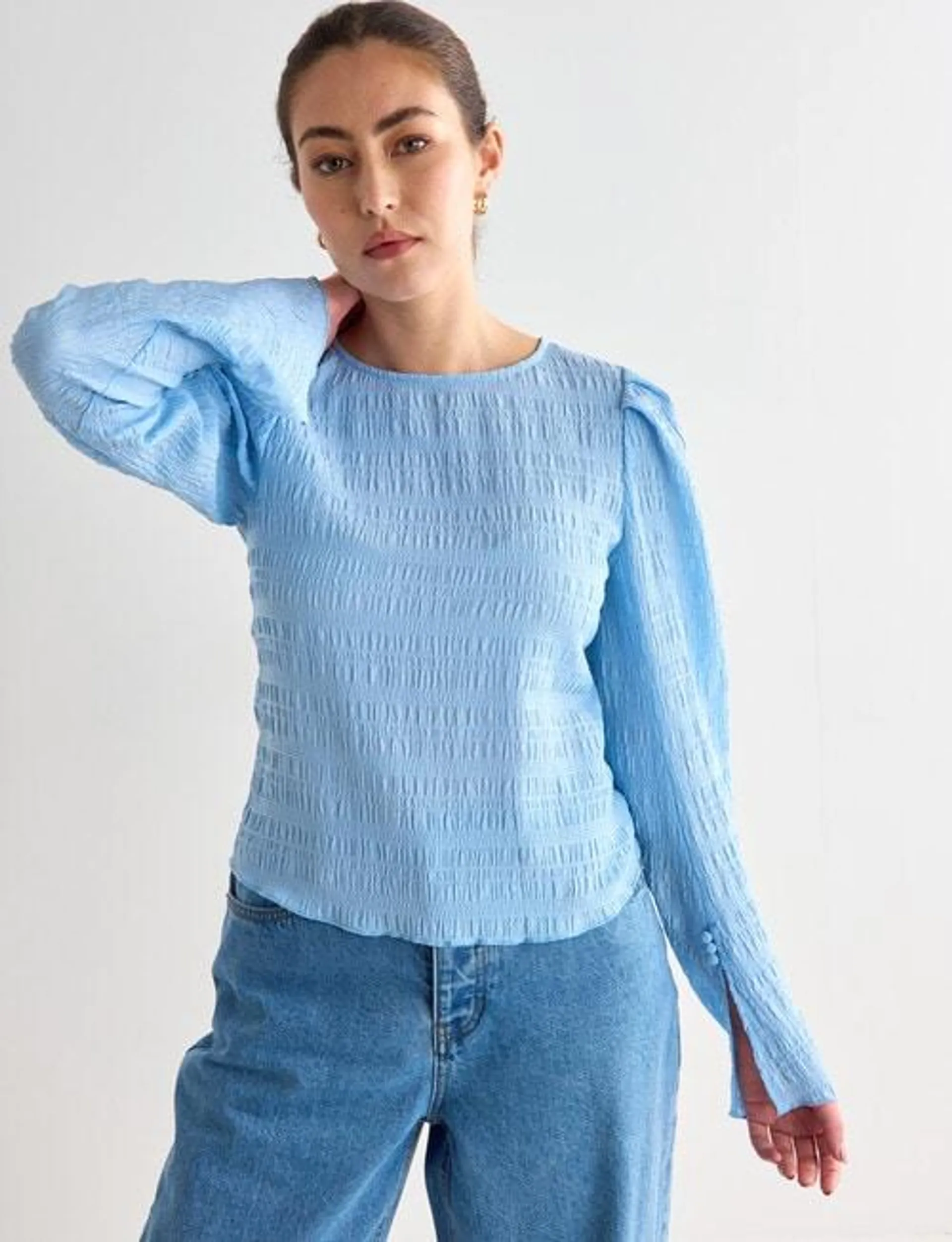 Mineral Tor Shirred Long Sleeve Top, Sky Blue