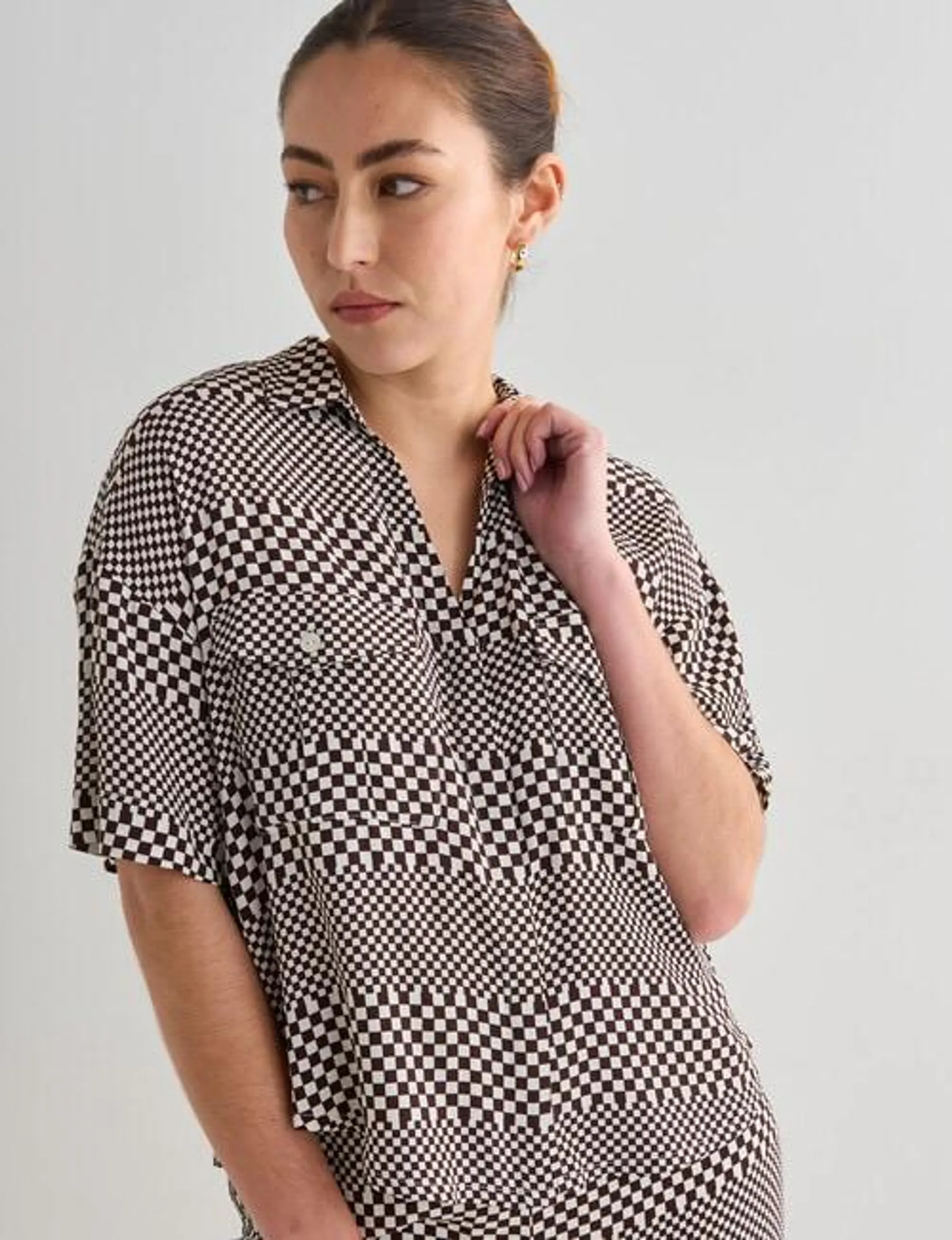 Mineral Mali Check Short Sleeve Swing Shirt, Chocolate