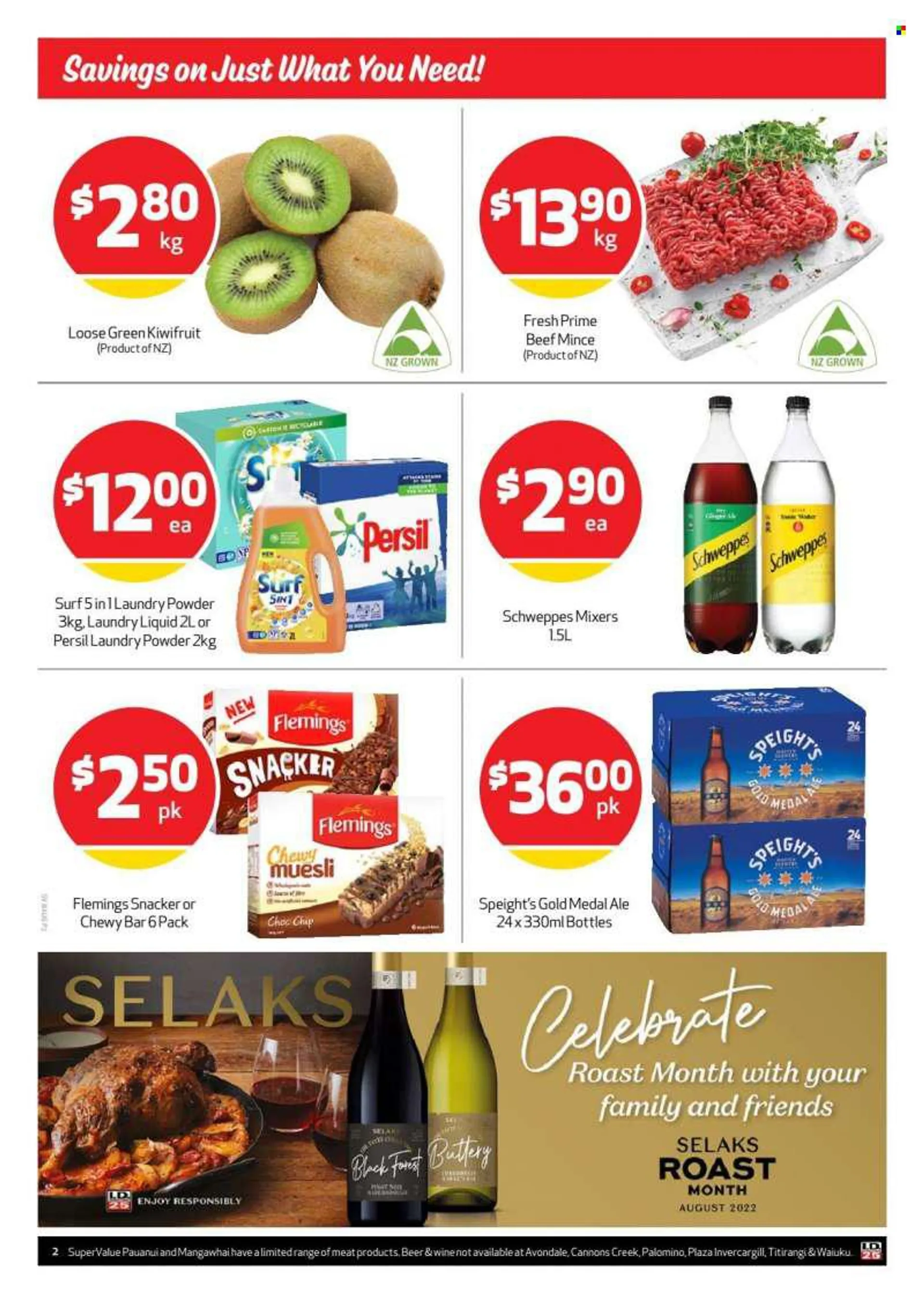 SuperValue mailer - 08.08.2022 - 14.08.2022 - Sales products - kiwi, muesli, Schweppes, tonic, red wine, white wine, Chardonnay, wine, Pinot Noir, beer, beef meat, ground beef, Persil, laundry detergent, laundry powder, Surf. Page 2.