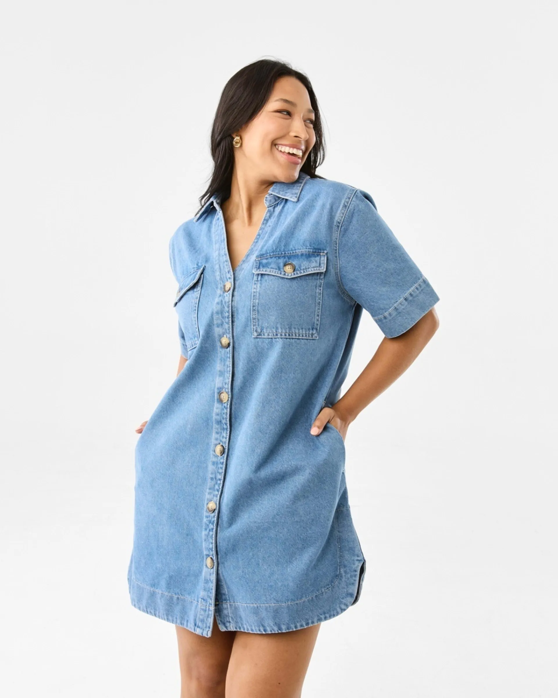 Short Sleeve Boxy Denim Mini Dress