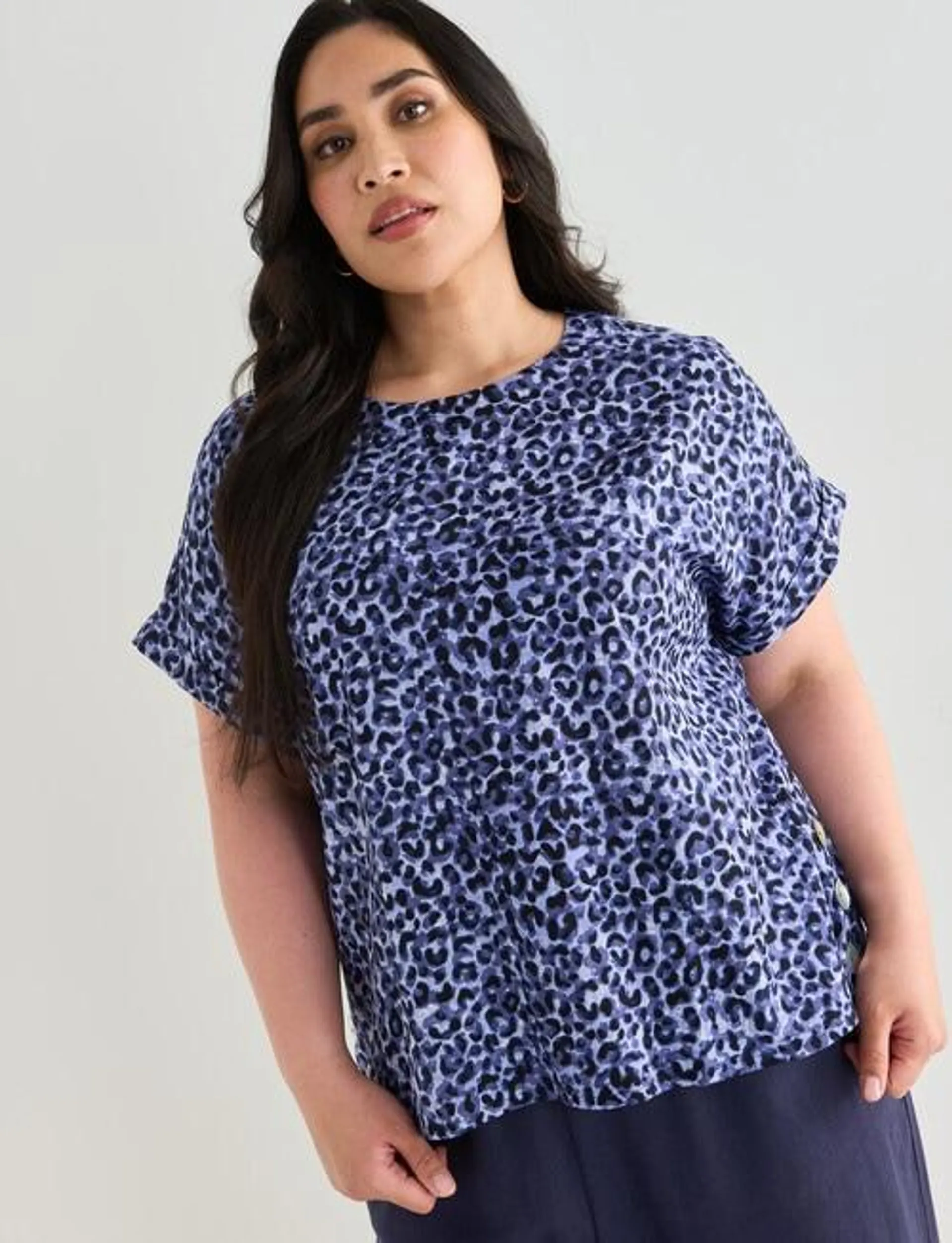 Studio Curve Linen Blend Shell Top with Button, Animal Print