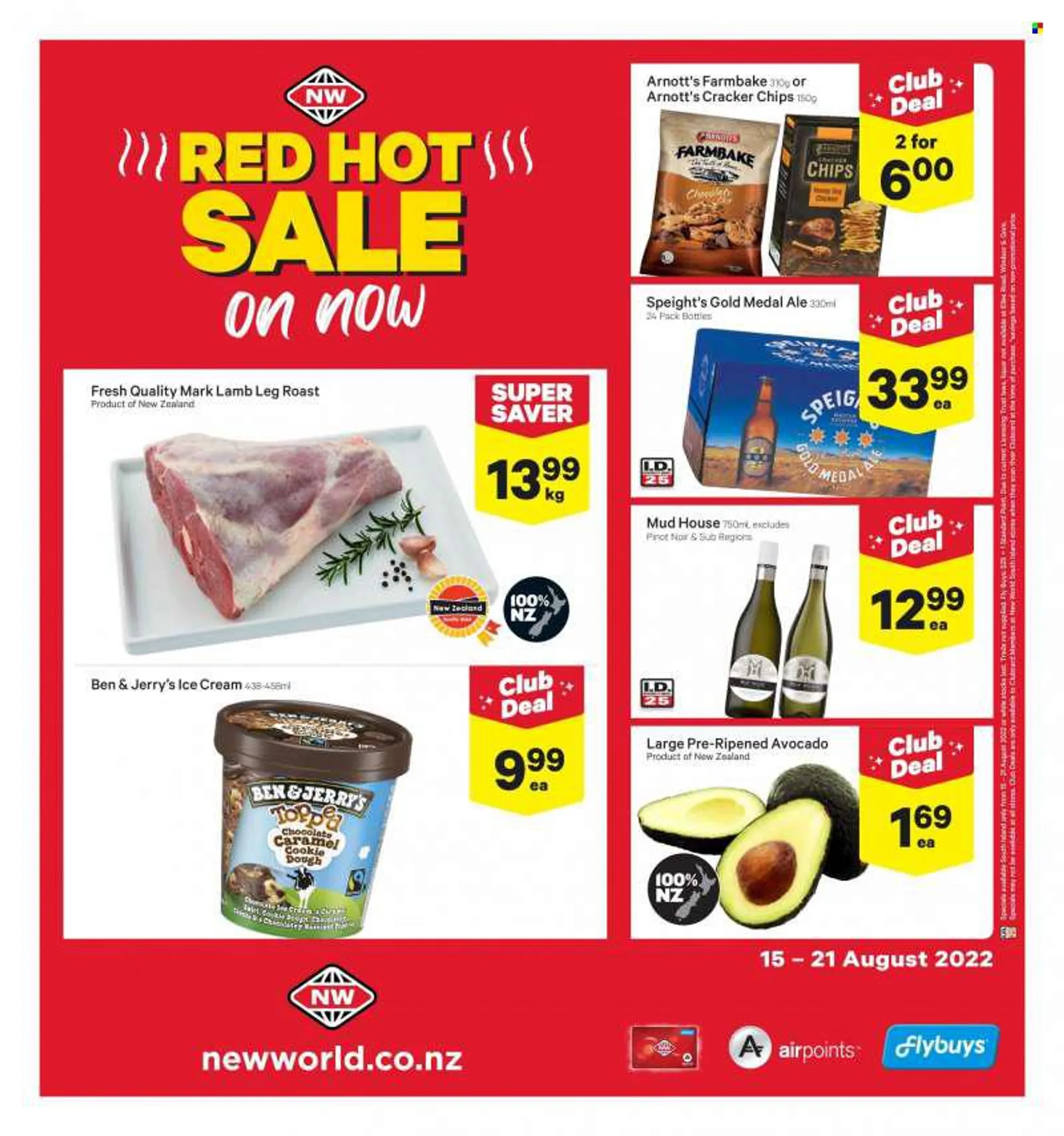 New World mailer - 15.08.2022 - 21.08.2022 - Sales products - avocado, ice cream, Ben &amp; Jerrys, crackers, chips, red wine, wine, Pinot Noir, lamb meat, lamb leg. Page 2.