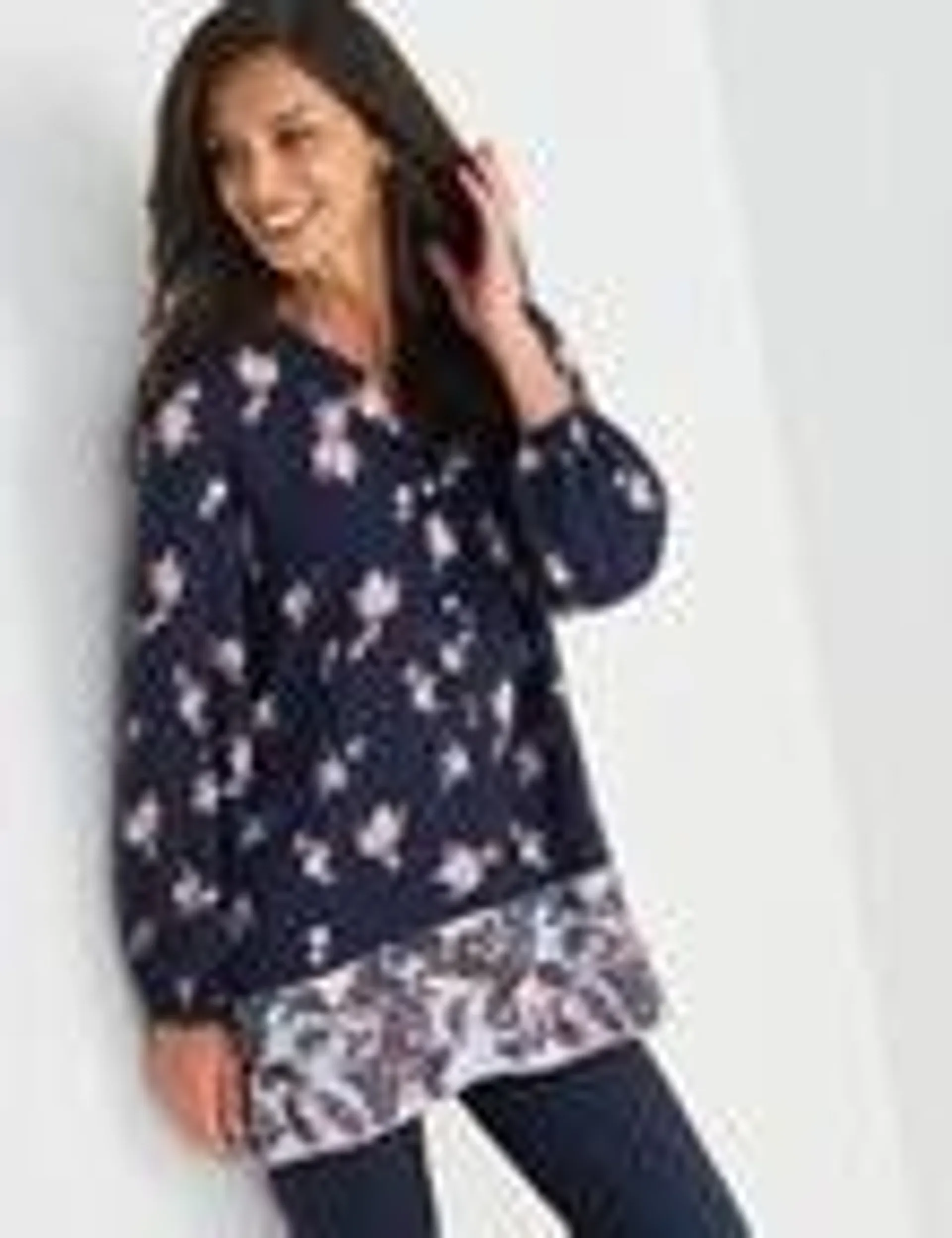 Ella J Border Print Longline Top, Navy