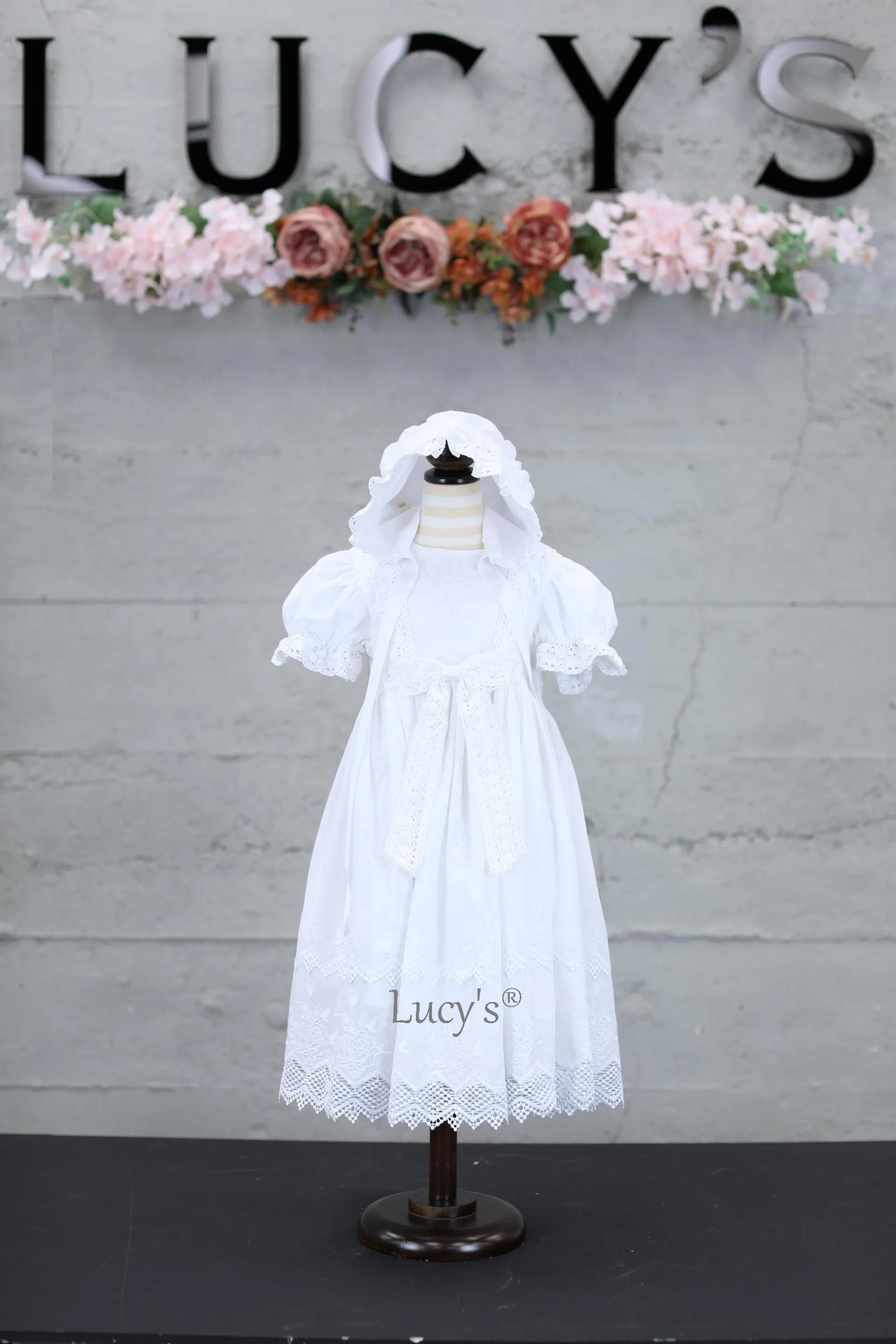 Baby Girls Pure Cotton Classic Christening Gown, Baptism Dress Bonnet Set - Janice