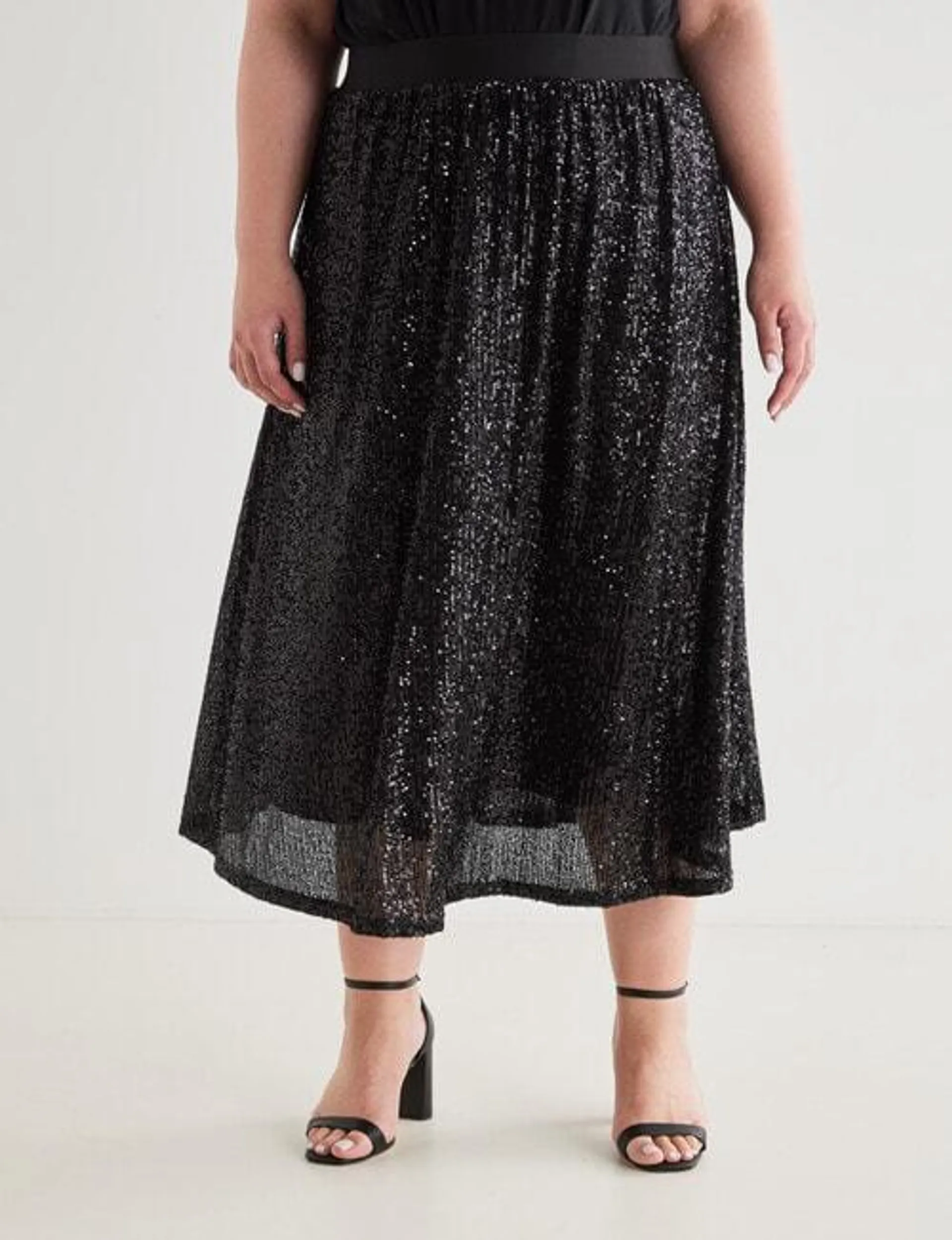 Studio Curve Sequins Midi Skirt, Black