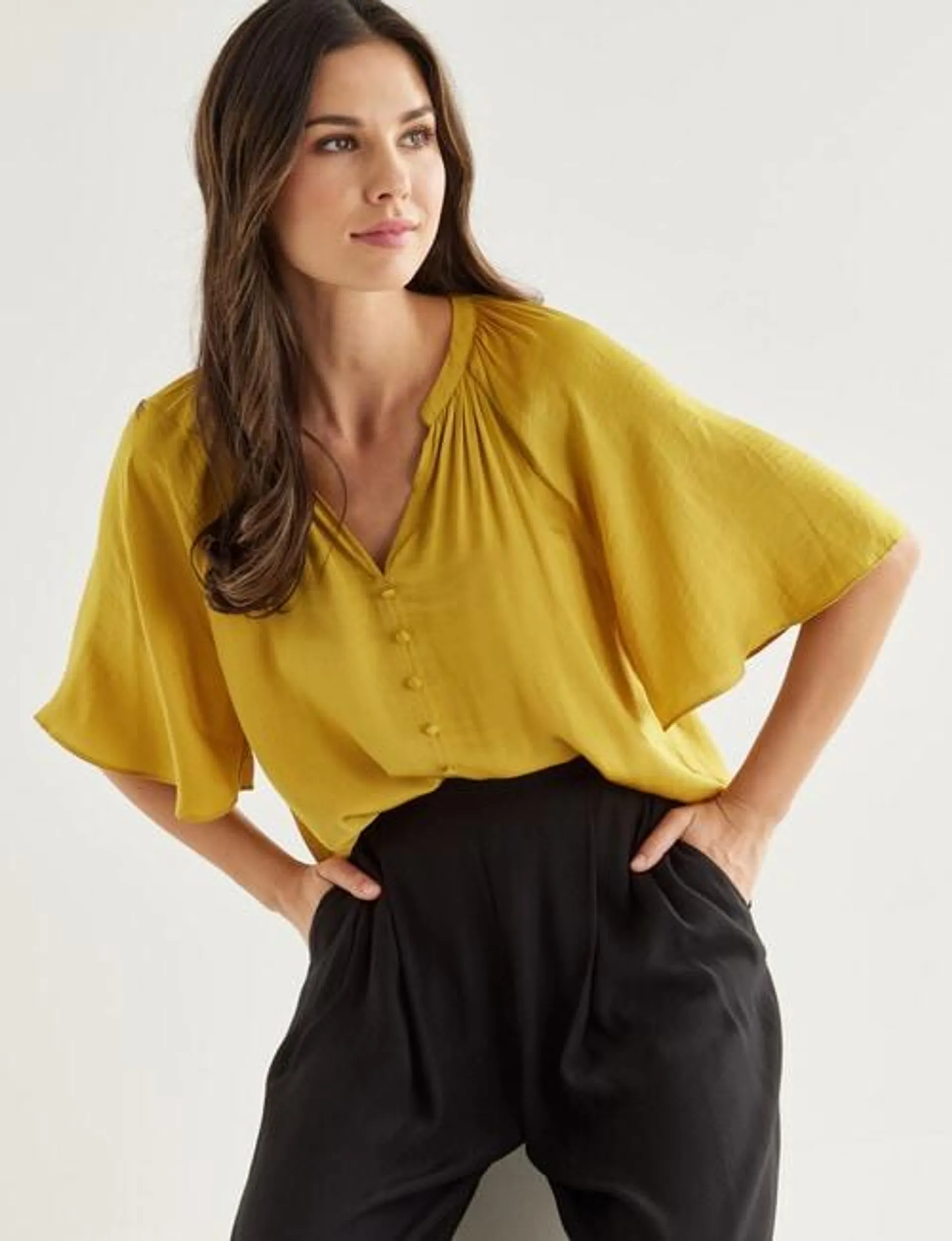 Whistle Satin Button Through V-Neck Top, Gold