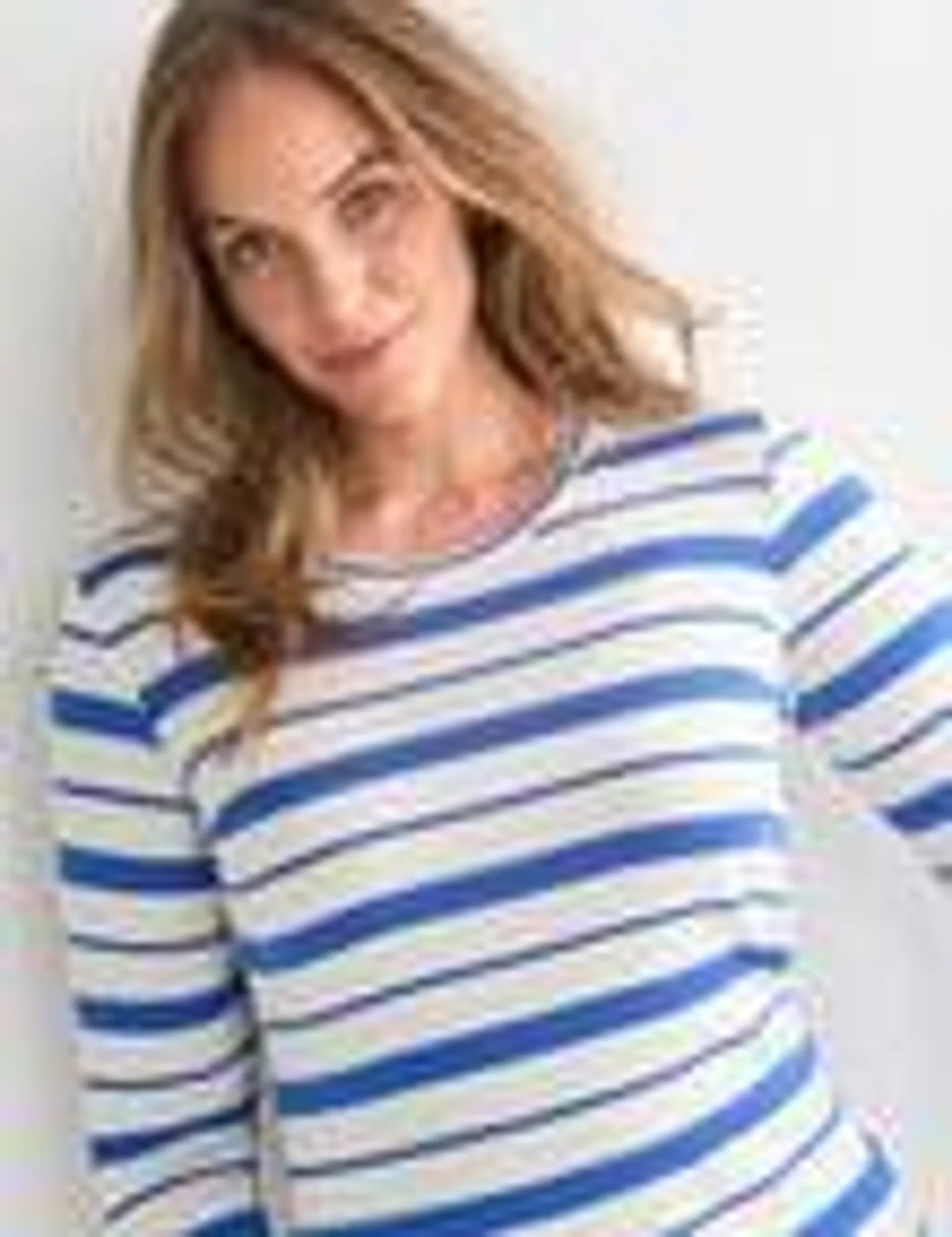 North South Merino Stripe Long Sleeve Round Neck Top, Gentian Blue & New White