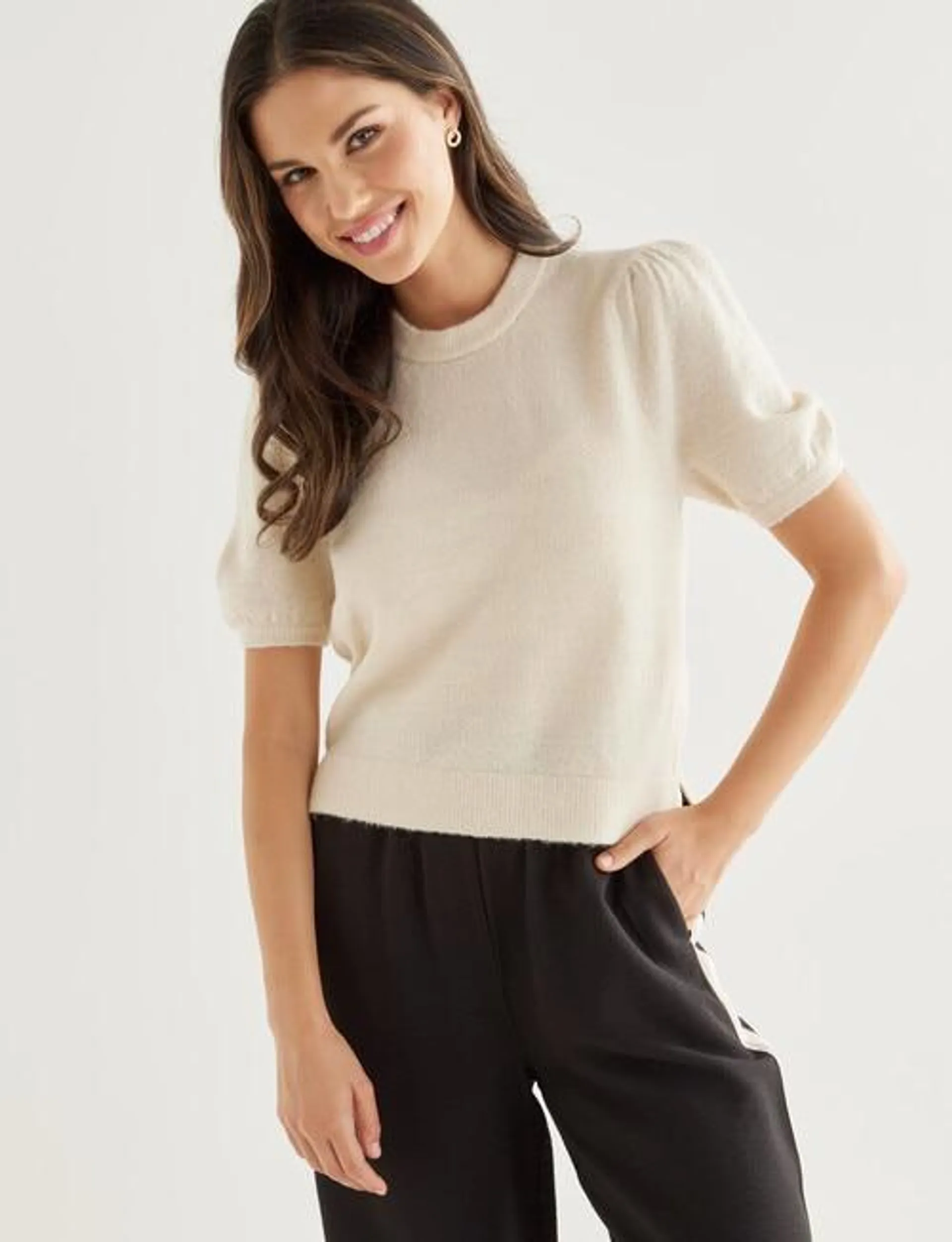 Whistle Knitted Puff Sleeve Tee, Cream