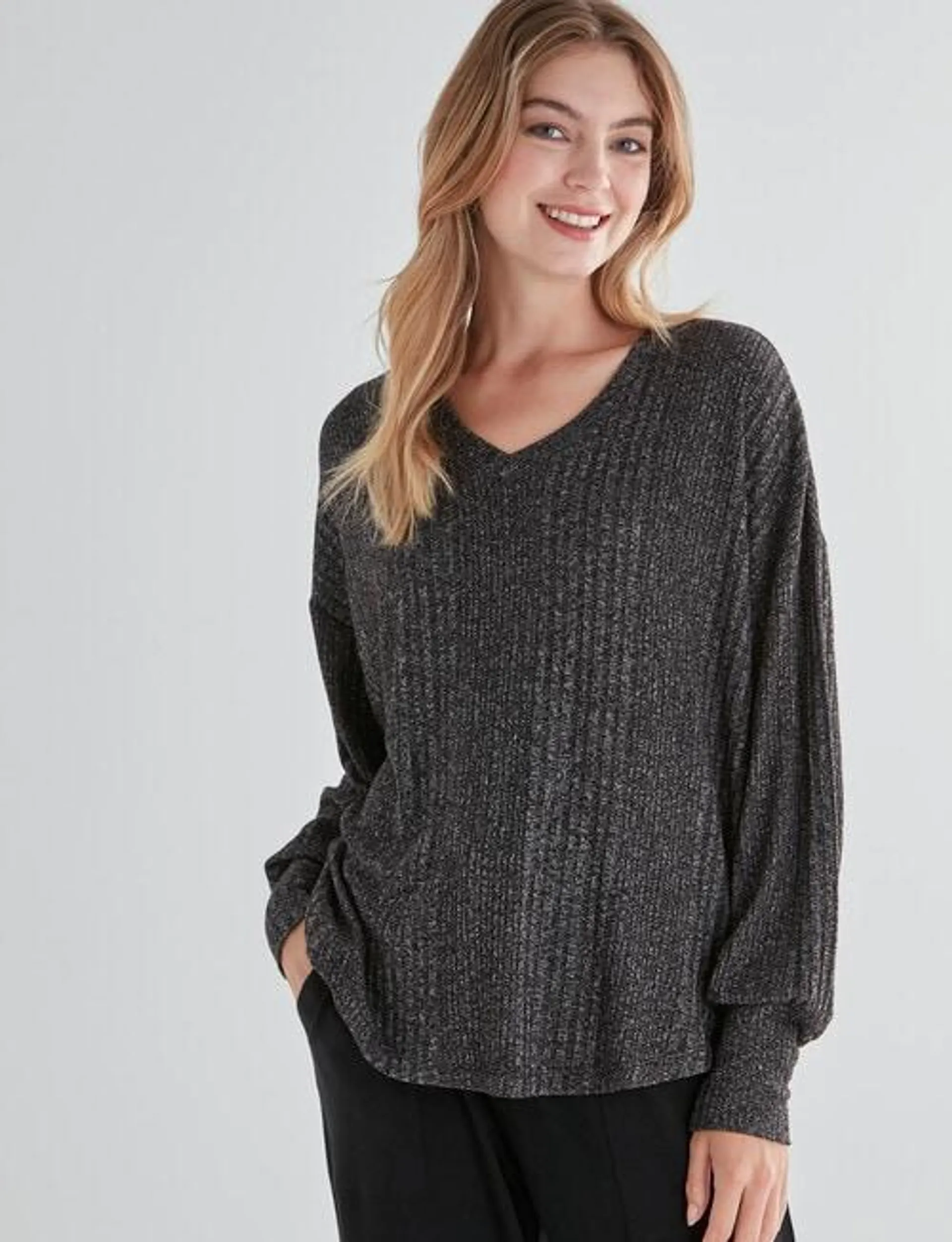 Zest Supersoft Rib V-Neck Top, Black Marle