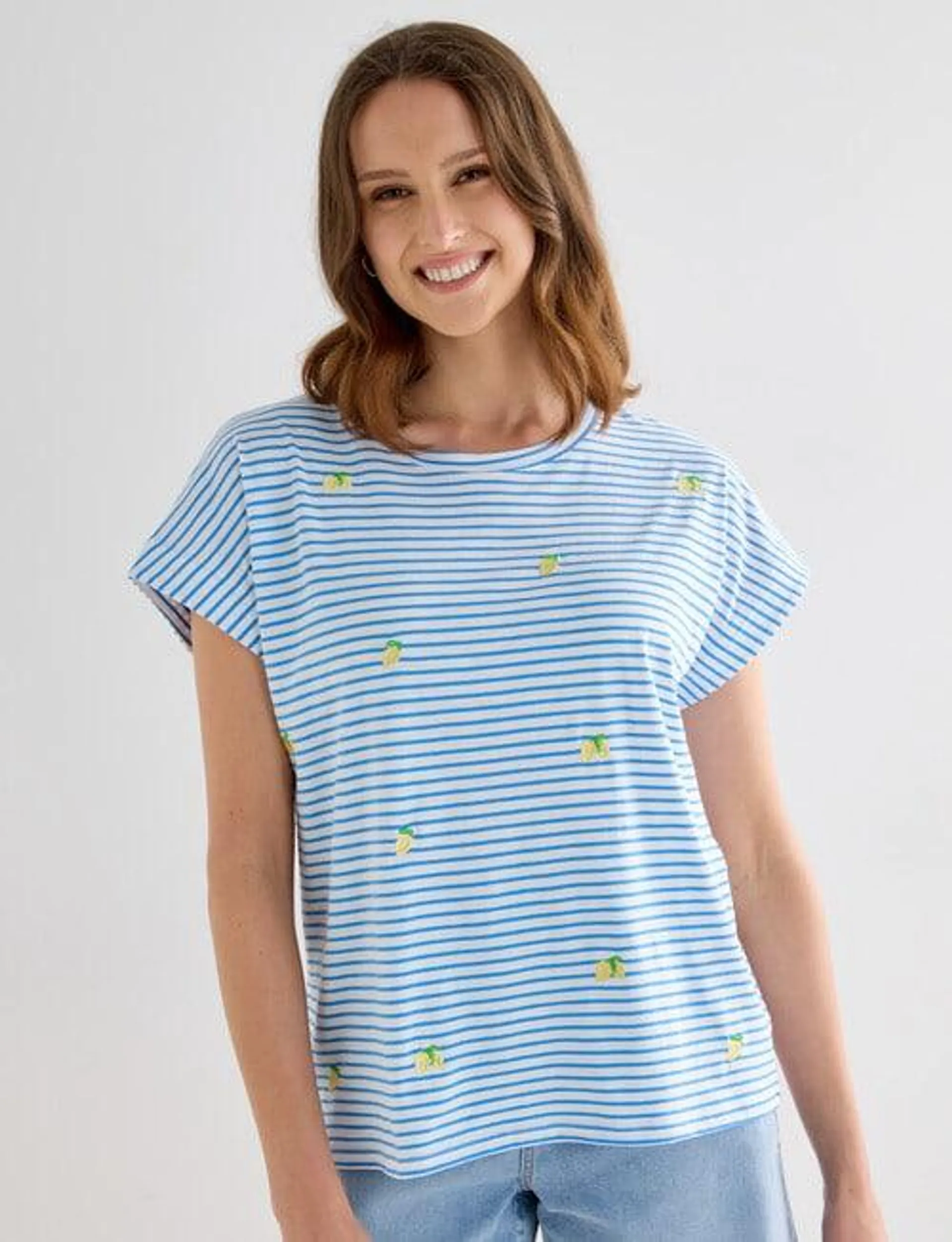 Zest Organic Cotton Embroidered Limone Boxy Tee, Blue