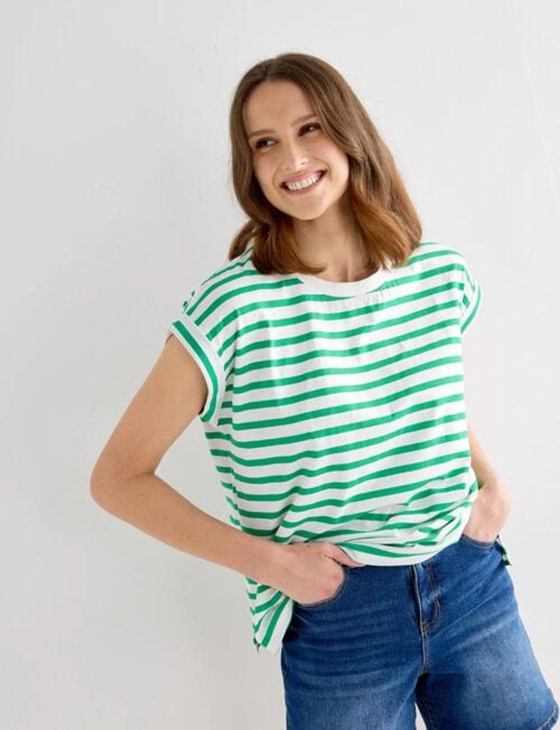 Zest Organic Cotton Stripe Roll Sleeve Tee, Green