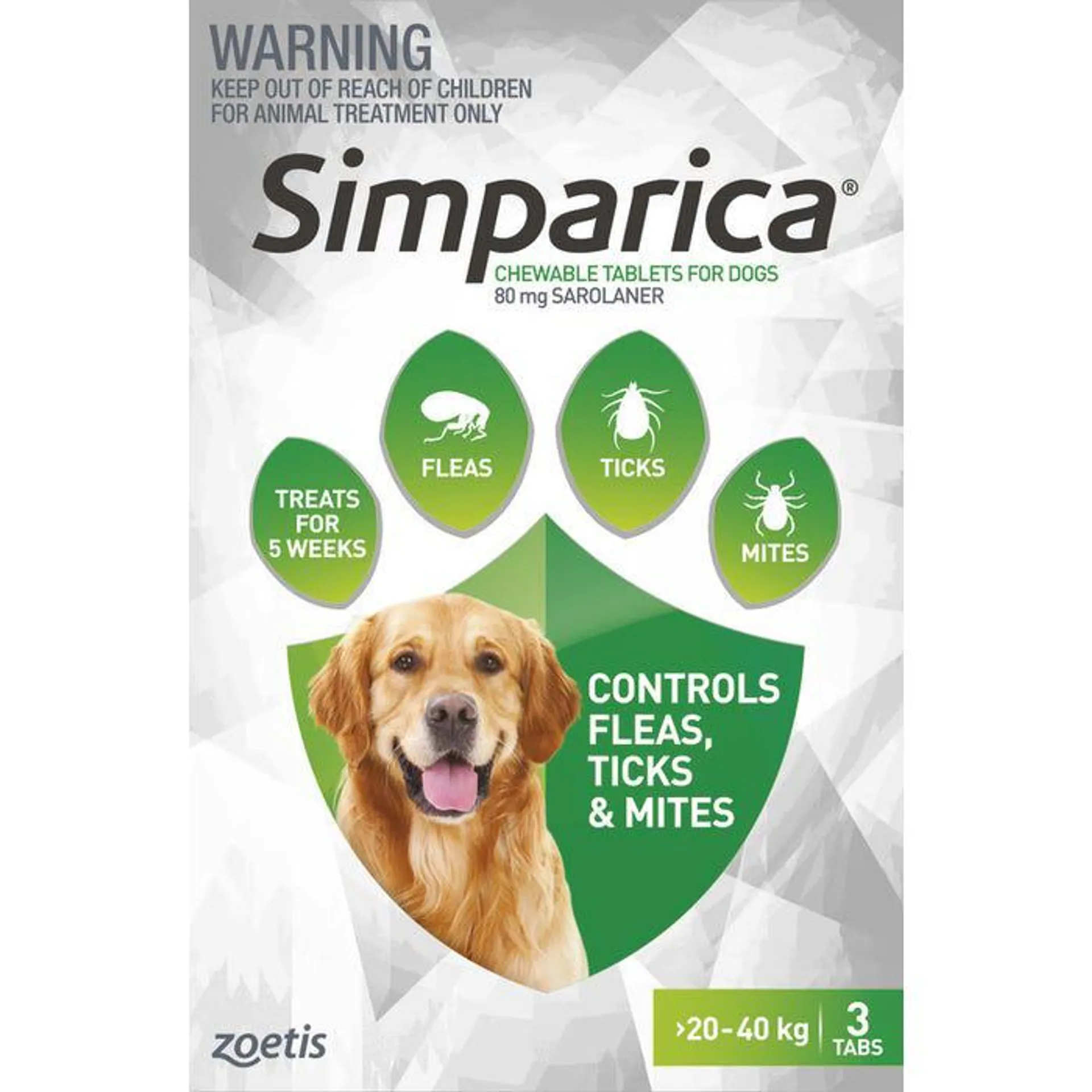 Simparica Flea Treatment For Dogs 20-40kg - Green 3 Pack