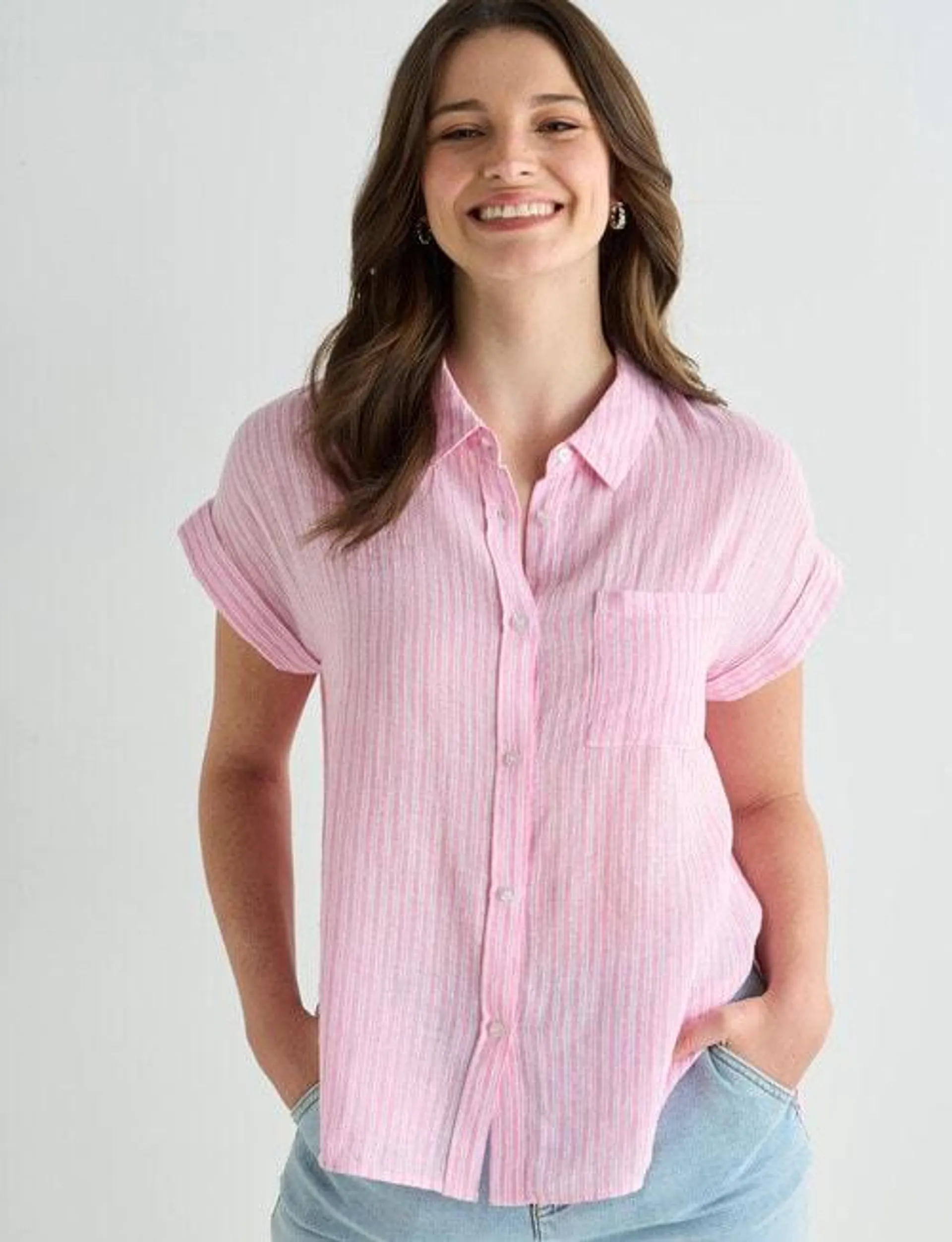 Zest Stripe Linen Blend Short Sleeve Shirt, Pink