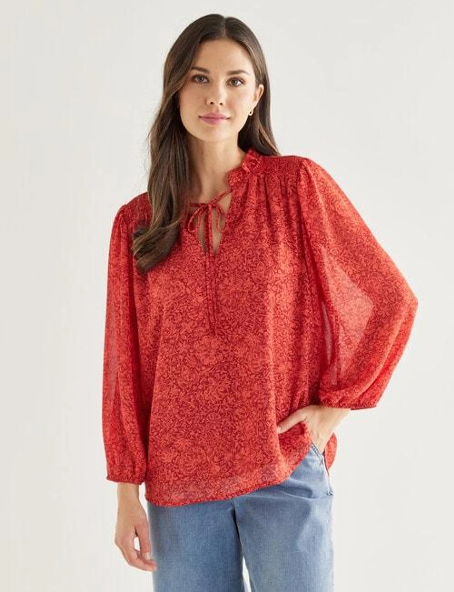 Whistle Printed Blouse 3/4 Sleeve, Cherry