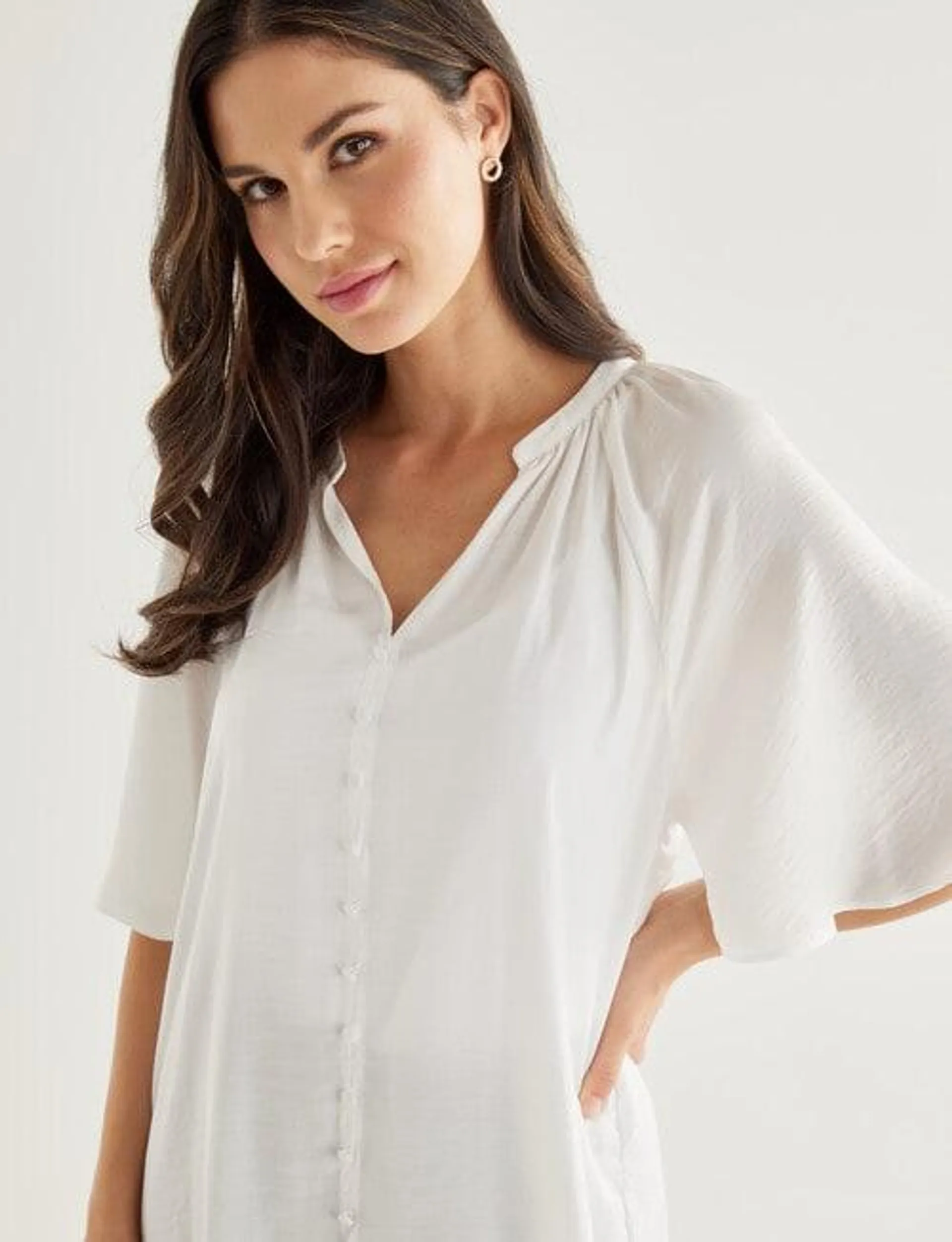 Whistle Satin Button Through V-Neck Top Ivory