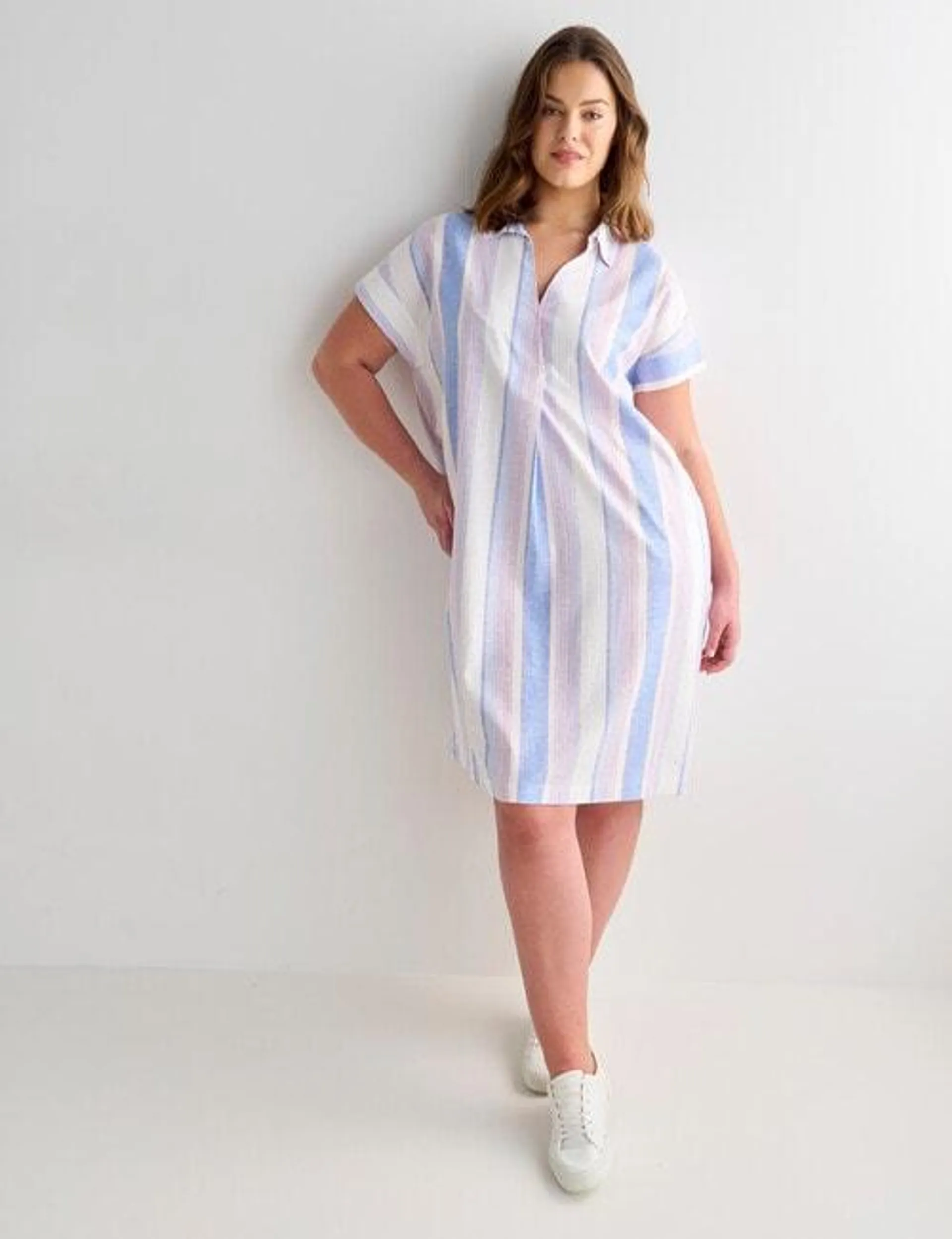 Studio Curve Stripe Linen Blend Shirt Dress, Chambray