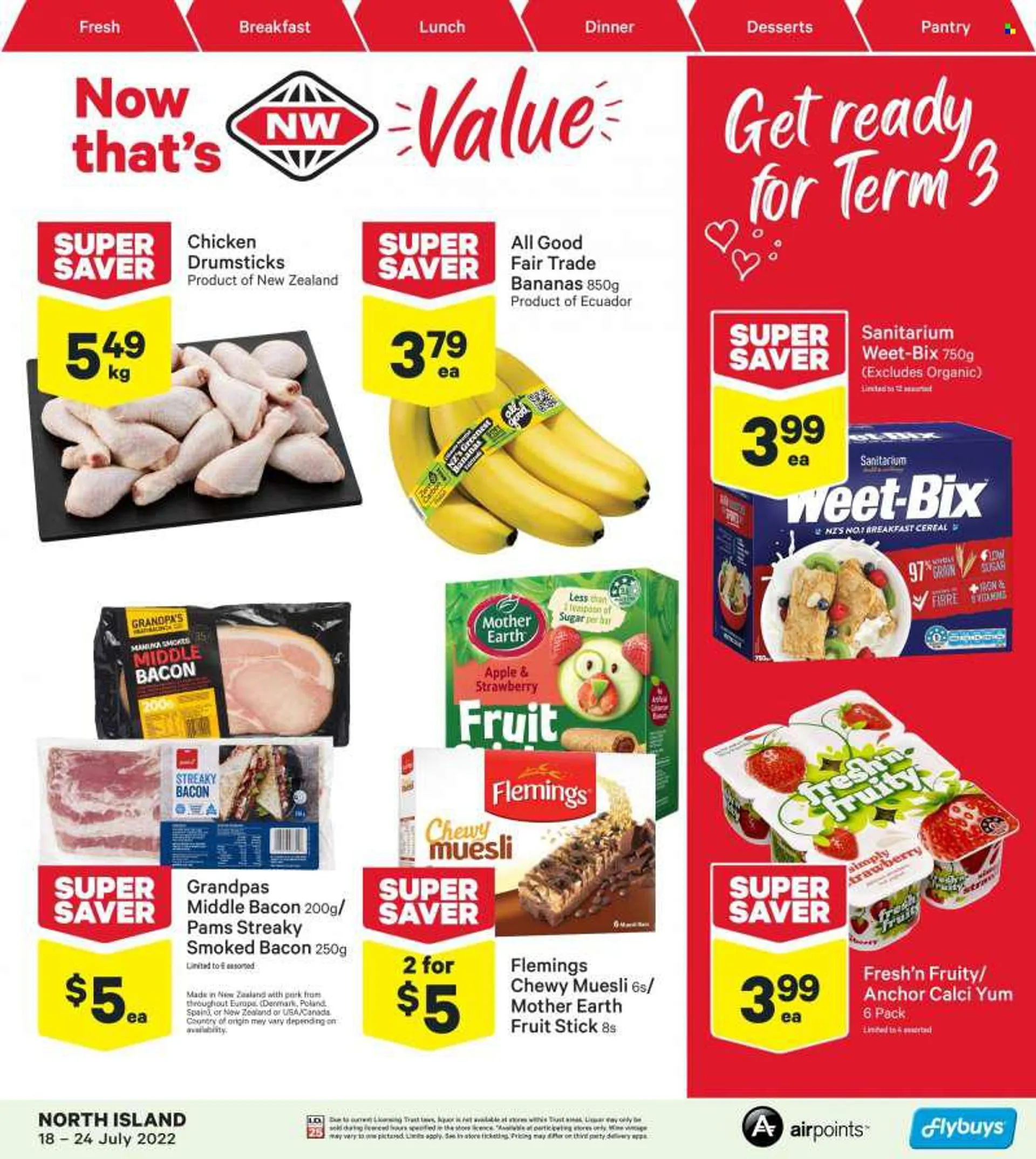 New World mailer - 18.07.2022 - 24.07.2022 - Sales products - bananas, bacon, Freshn Fruity, Anchor, cereal bar, Mother Earth, Weet-Bix, muesli, wine, chicken drumsticks, chicken meat. Page 1.