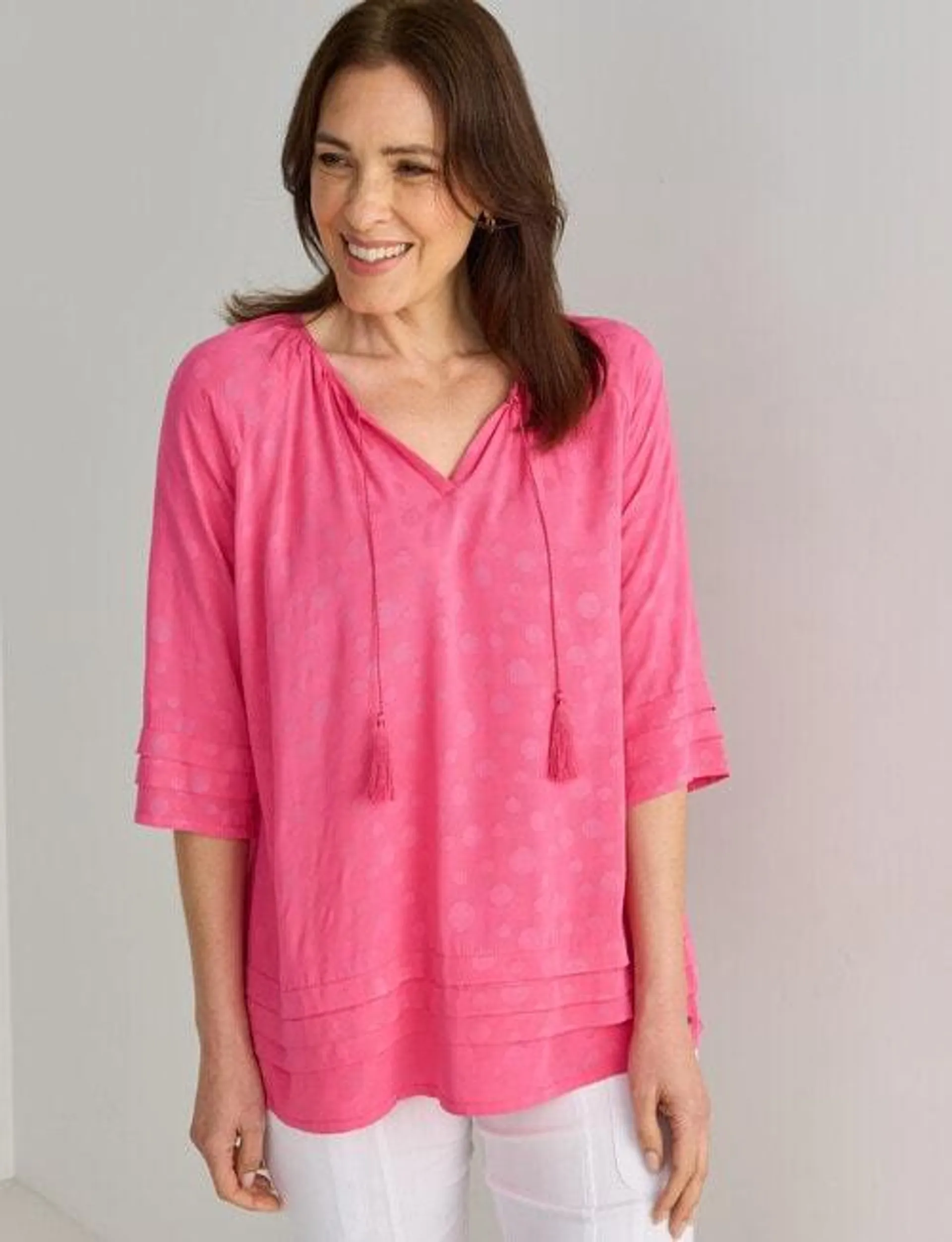 Line 7 Textured 3/4 Sleeve Blouse, Hot Pink