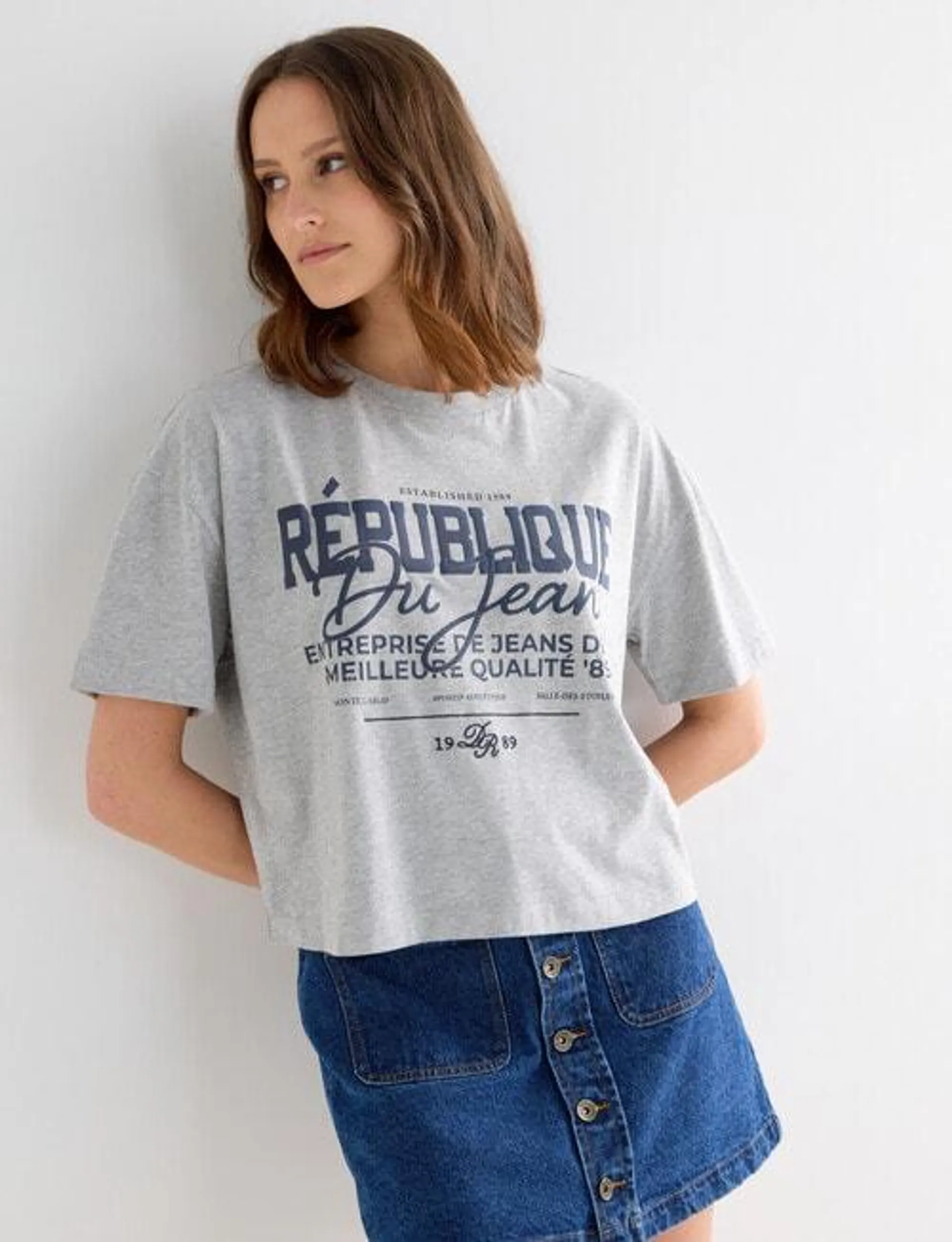 Denim Republic Boxy Slogan Tee, Grey Marle