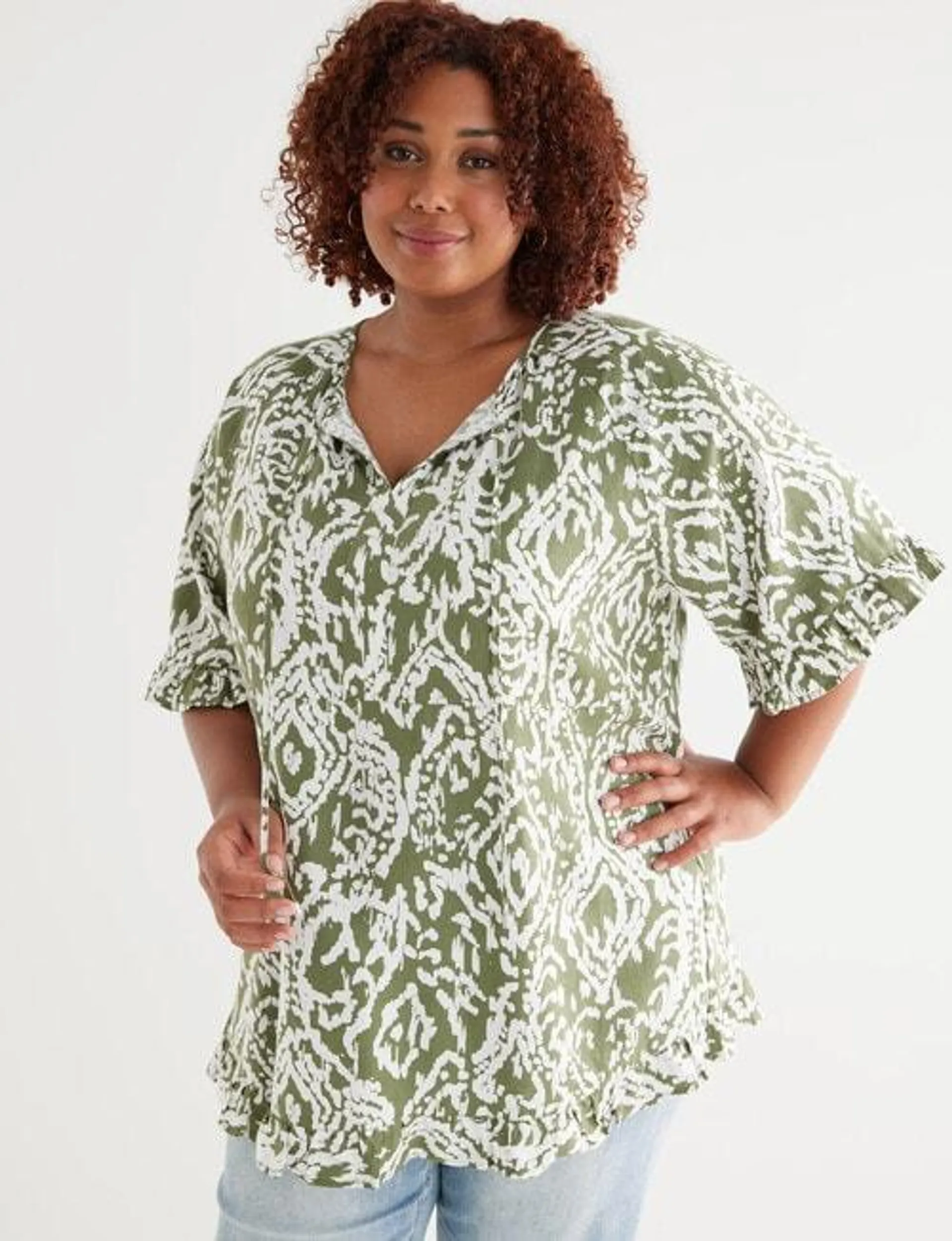 Studio Curve Linen Blend Frill Hem Peasant Top, Khaki Print