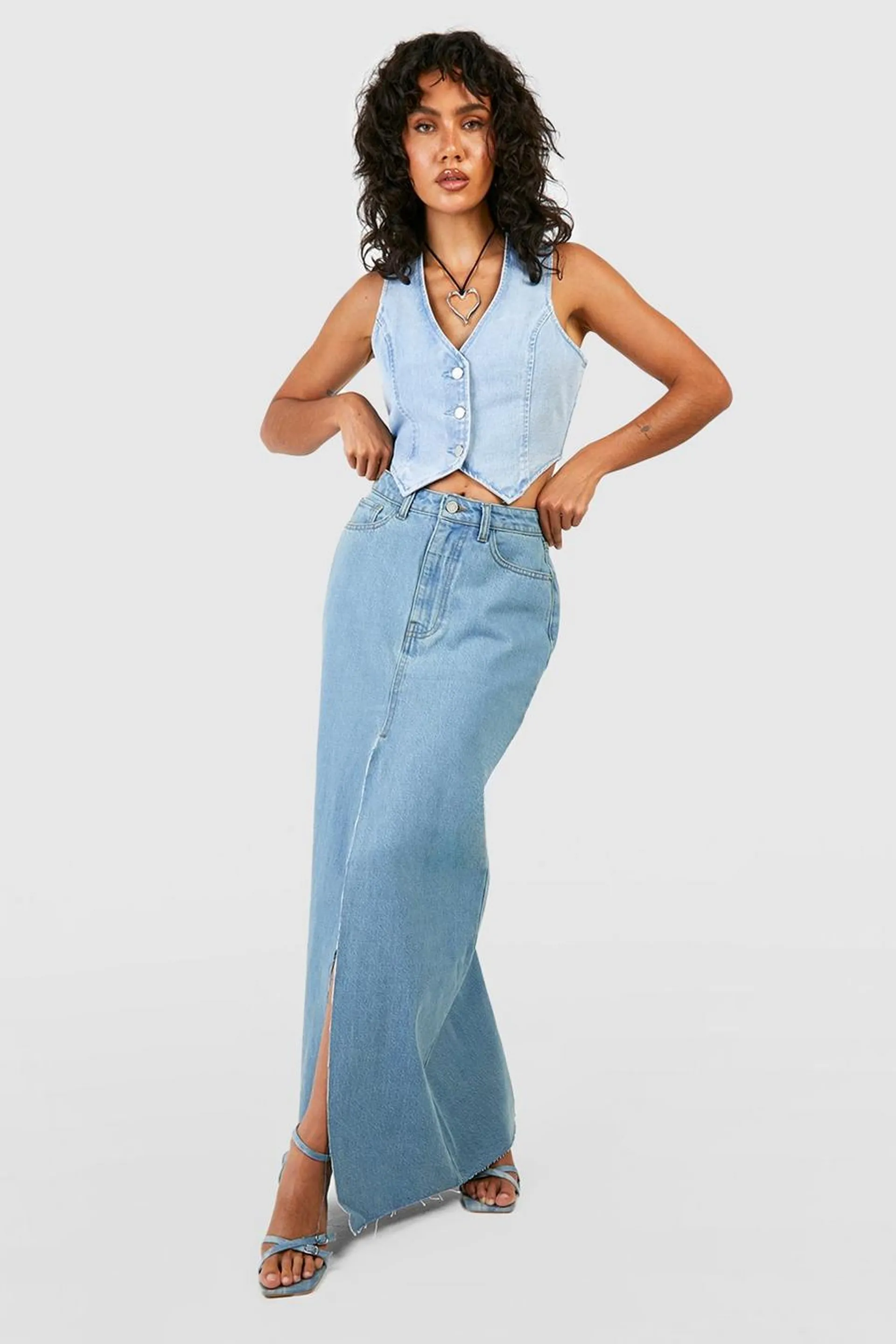 High Raw Split Denim Maxi Skirt