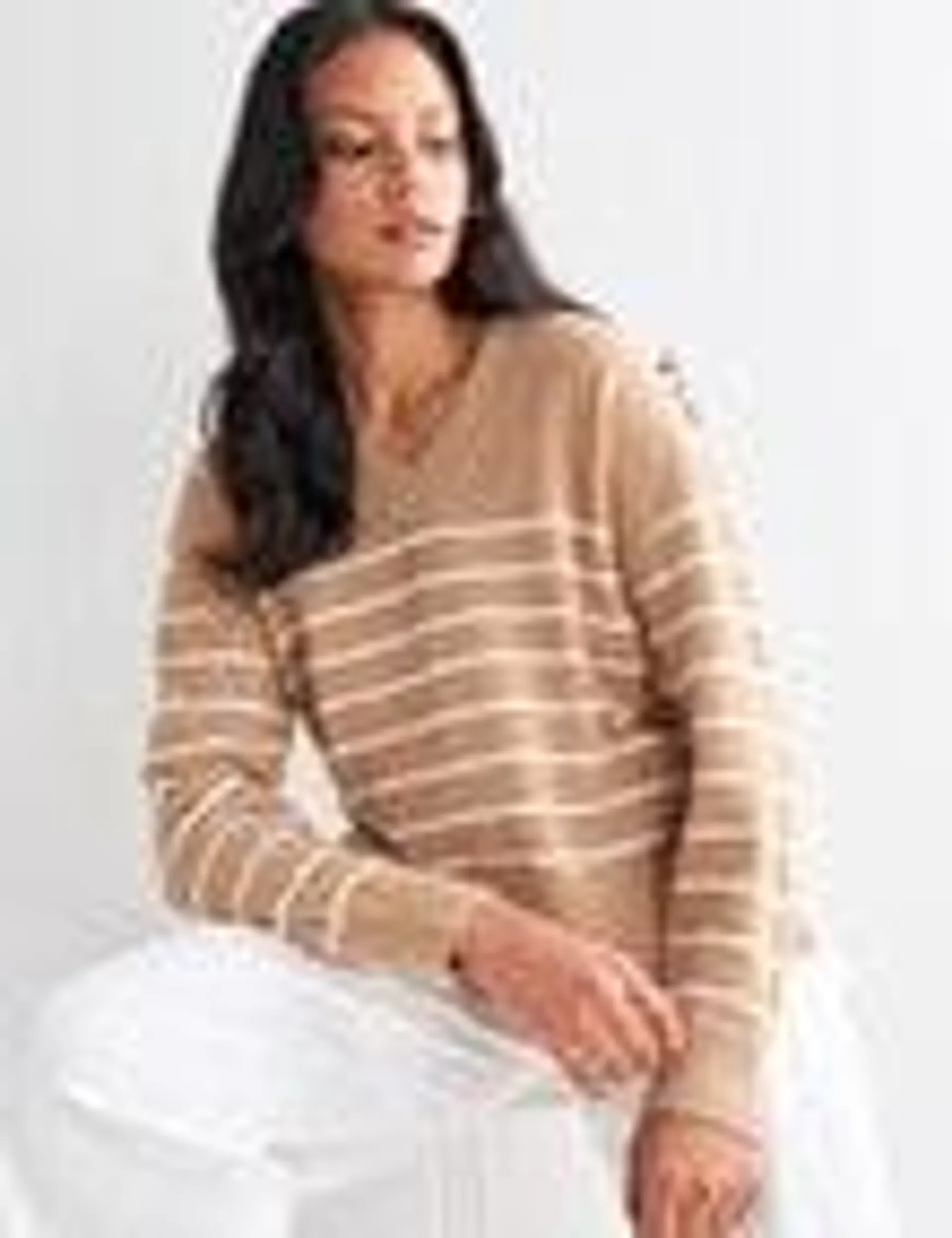 Zest V-Neck Stripe Knit Jumper, Ivory & Latte