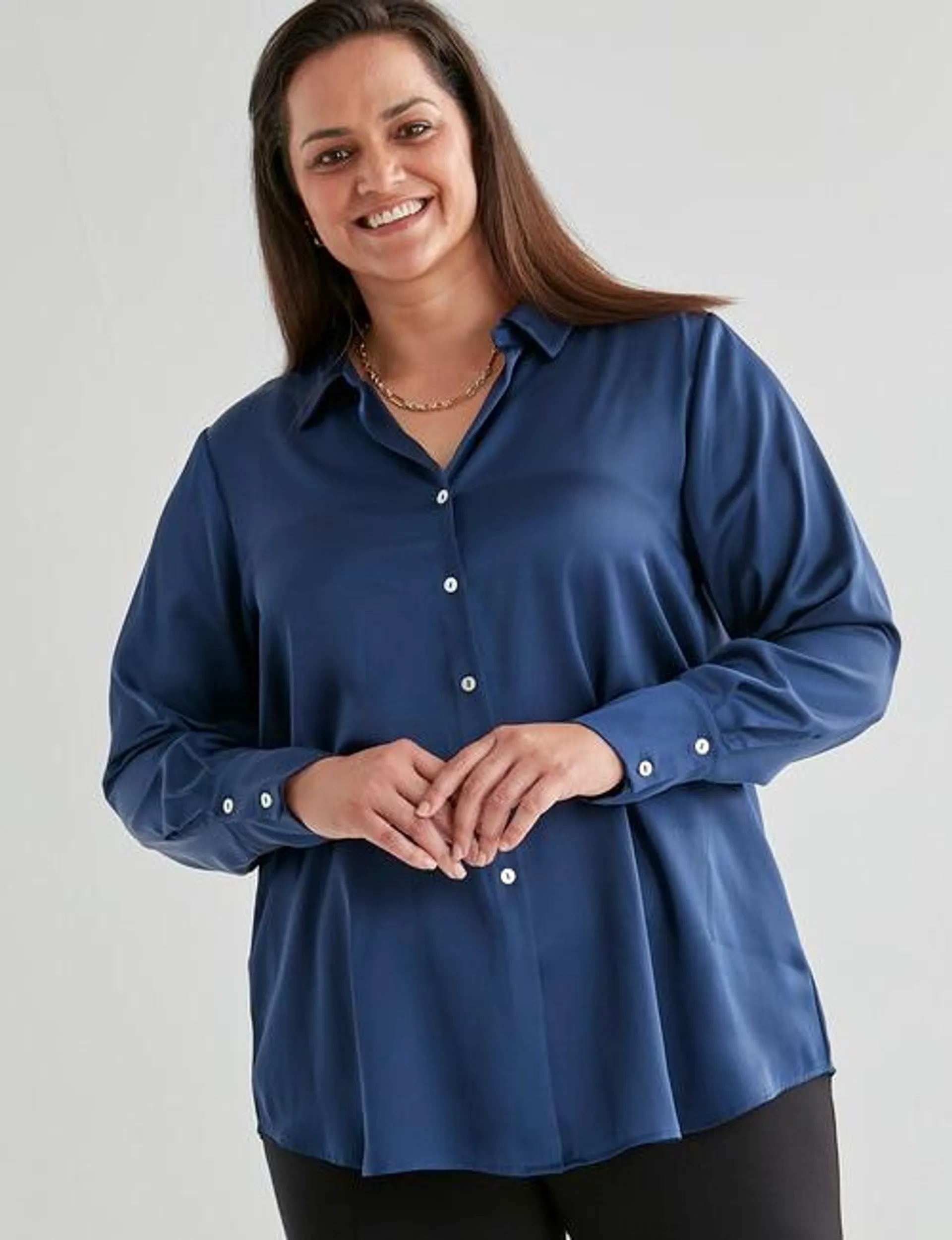 Studio Curve Satin Shirt, Navy