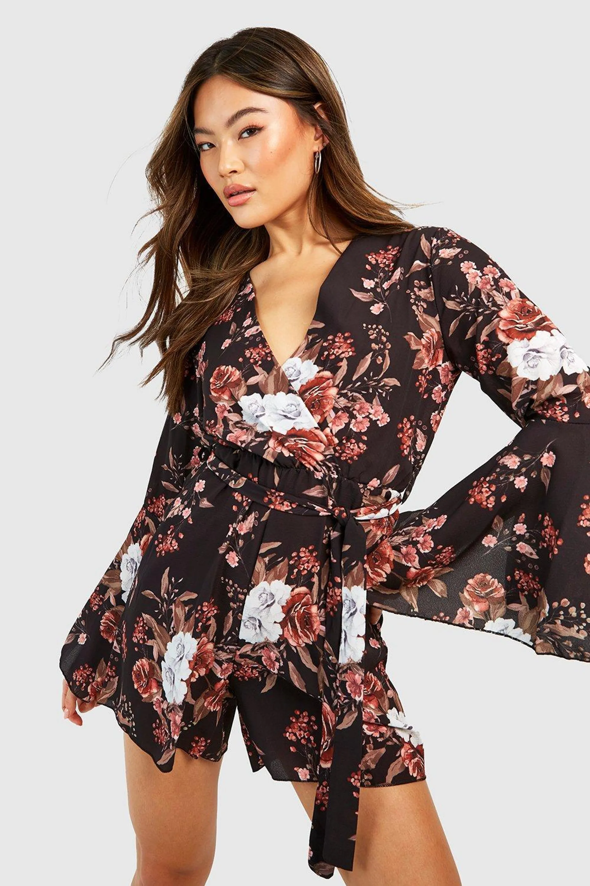 Floral Flared Sleeve Tie Waist Playsuit