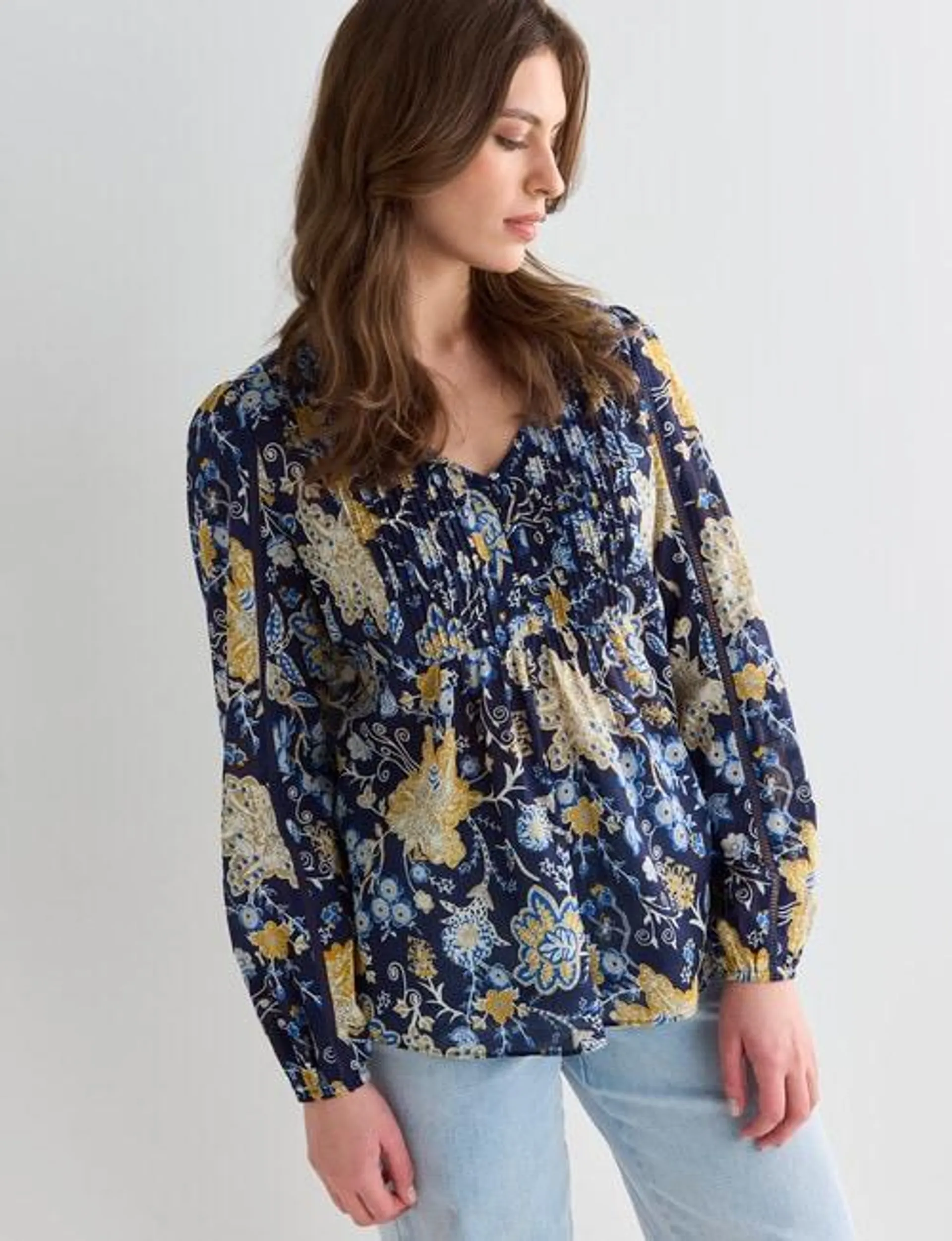 Whistle Paisley Long Sleeve V-Neck Top, Navy