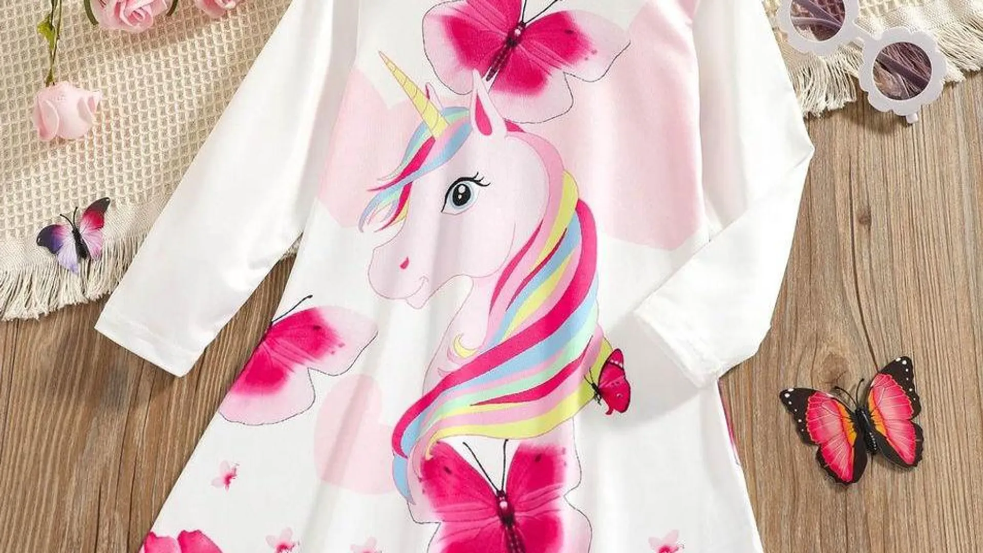 Girl Unicorn & Butterfly Print Long-sleeve Dress