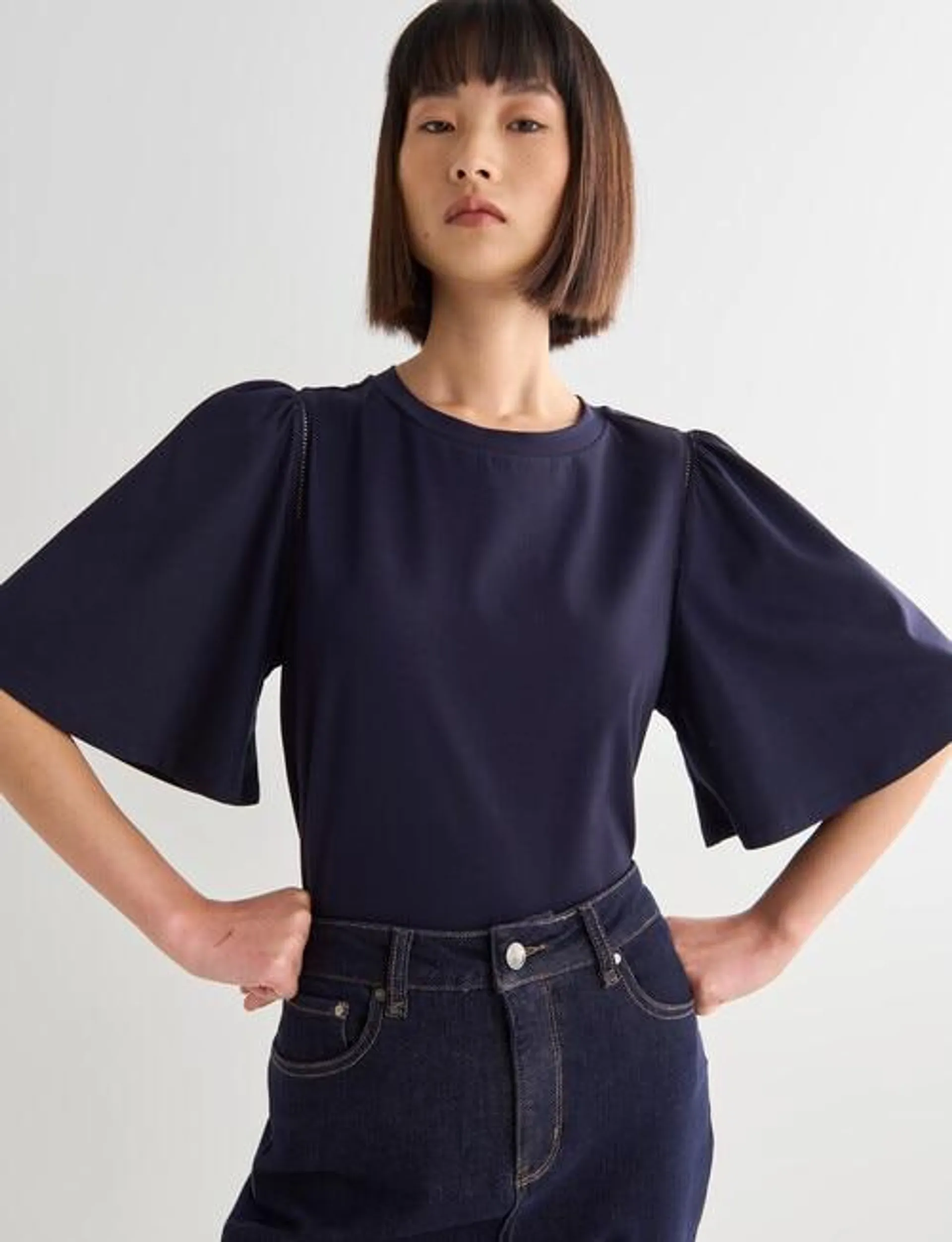 Jigsaw Fi Knit Ruffle Short Sleeve Top, Navy