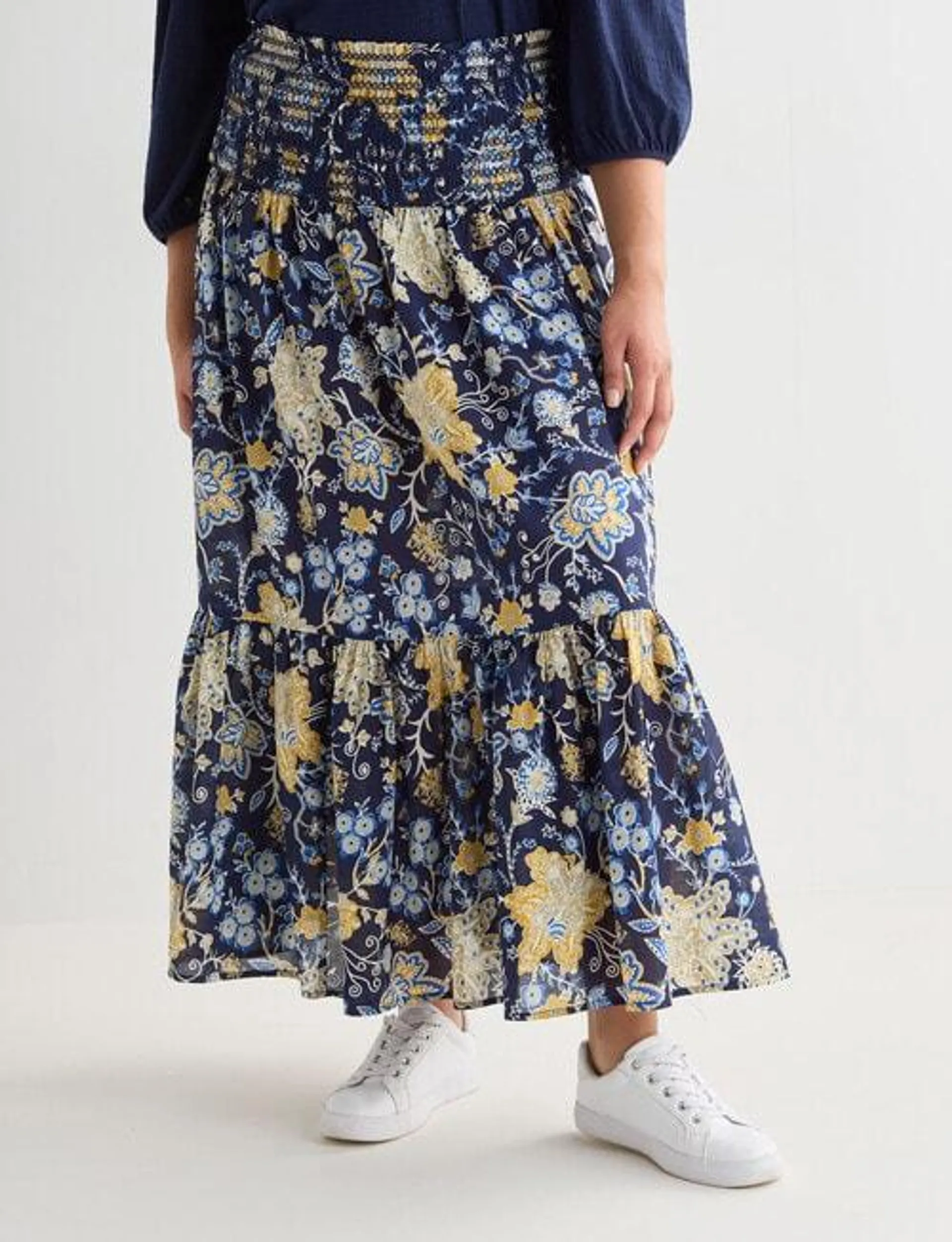 Whistle Paisley Shirred Waist Midi Skirt, Navy