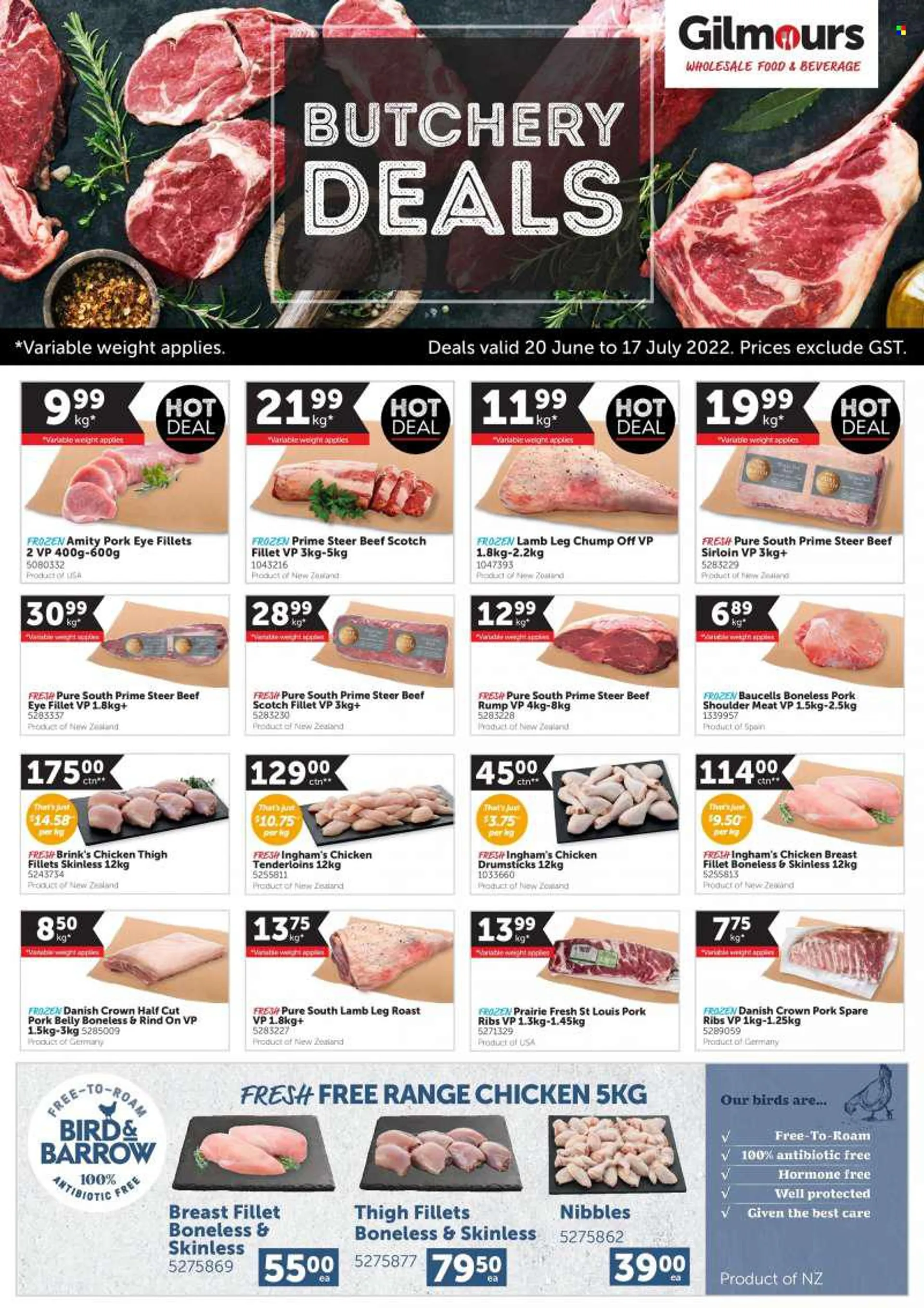 Gilmours mailer - 18.07.2022 - 14.08.2022 - Sales products - chicken breasts, chicken drumsticks, chicken meat, beef meat, beef sirloin, beef tenderloin, eye of round, pork belly, pork meat, pork ribs, pork shoulder, pork spare ribs, lamb meat, lamb leg. 
