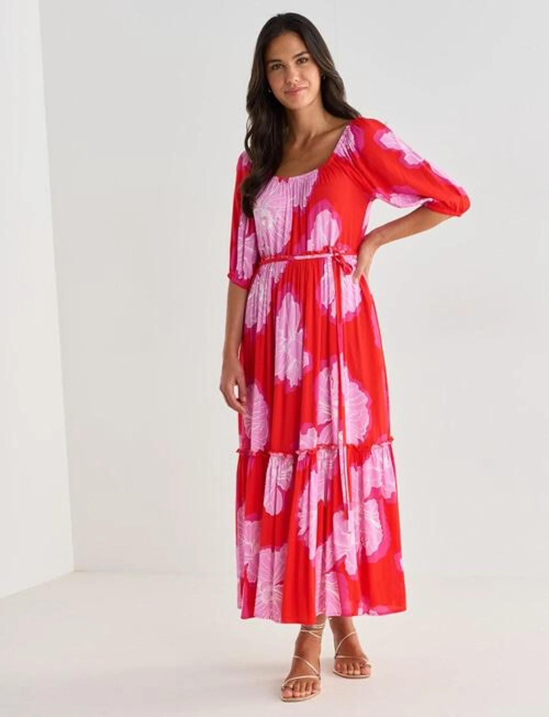 Whistle Floral Ruffle Print Dress, Red