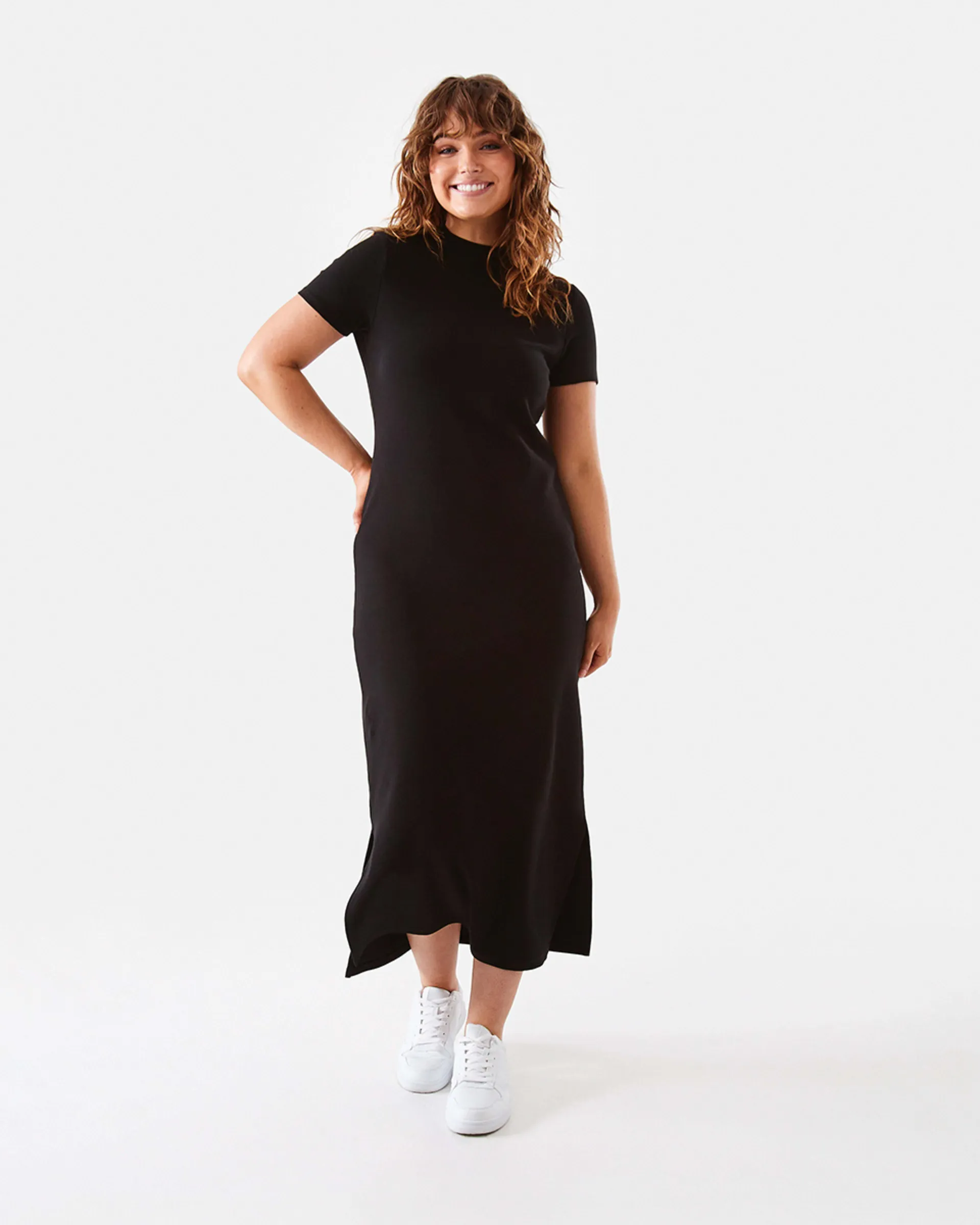 Short Sleeve High Neck Midi Dress