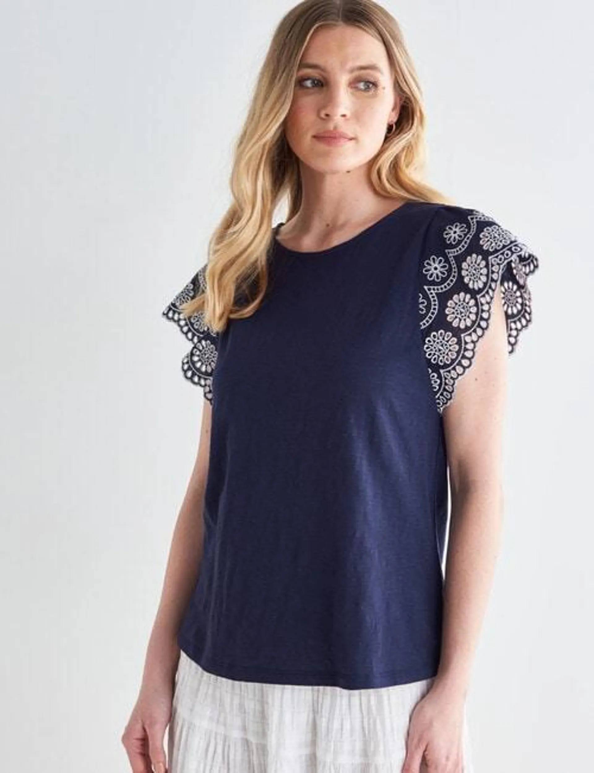 Whistle Embroidered Short Sleeve Tee, Navy & White