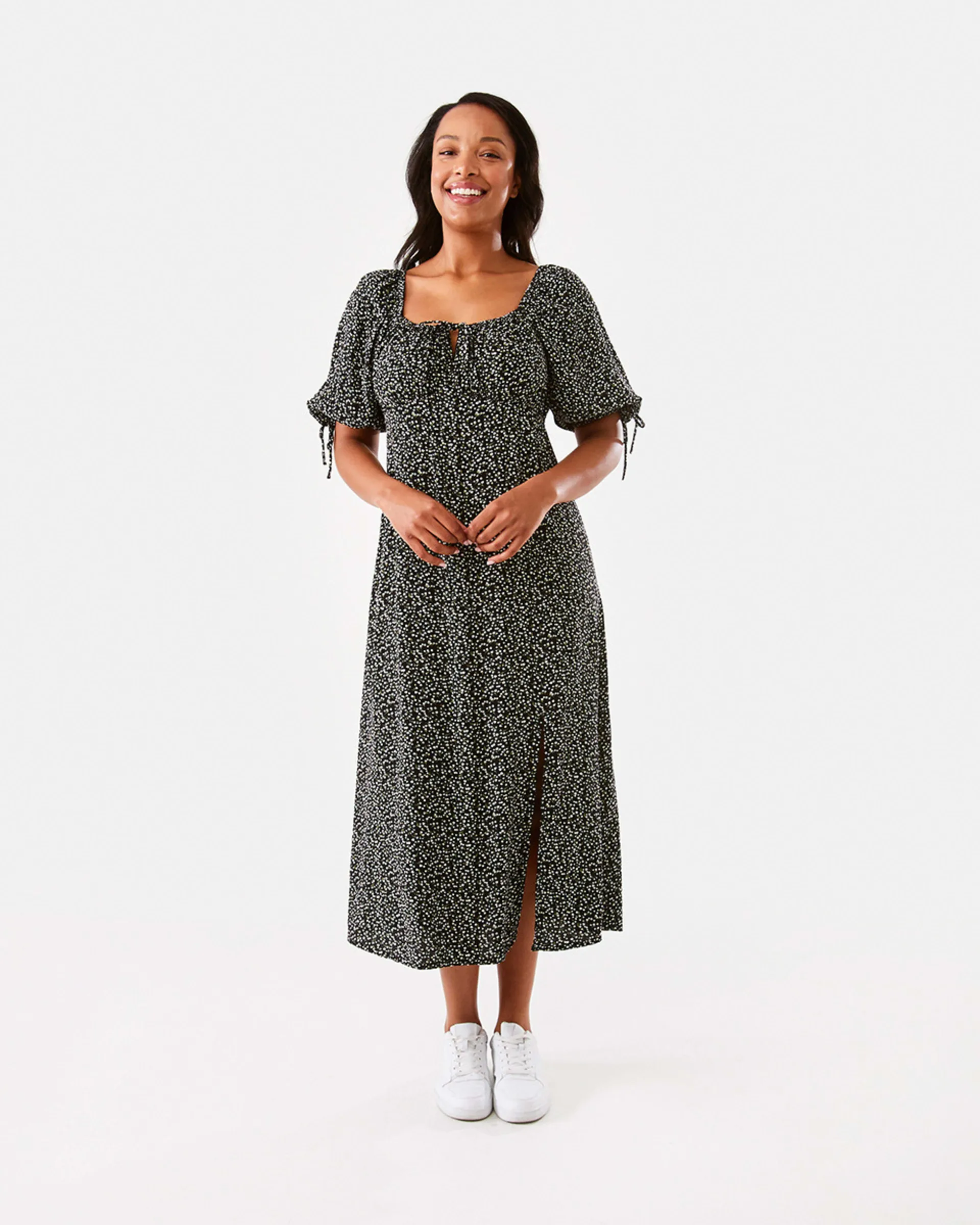 Short Sleeve Square Neck Tea Midi Dress