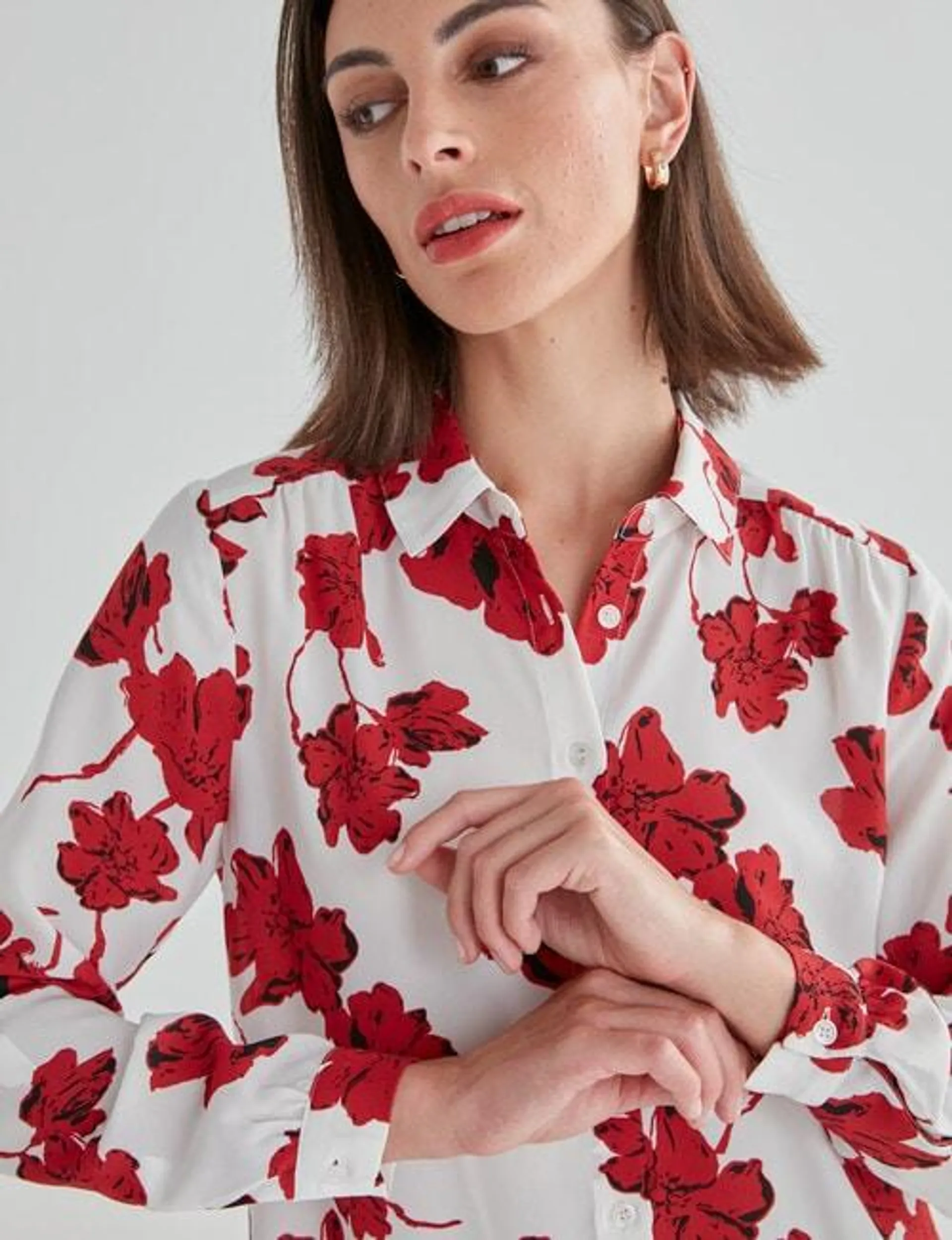 Oliver Black Collar Shirt, Red Flower