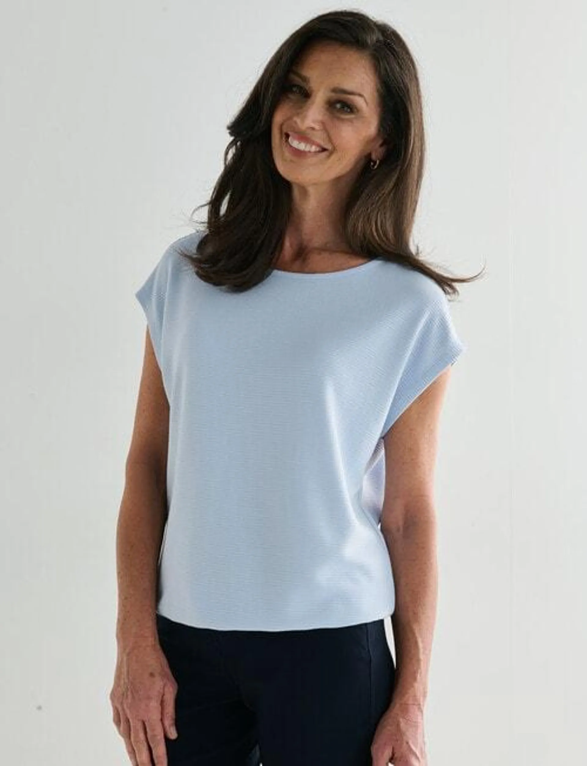 Ella J Elastic Hem Cap Sleeve Top, Pale Blue