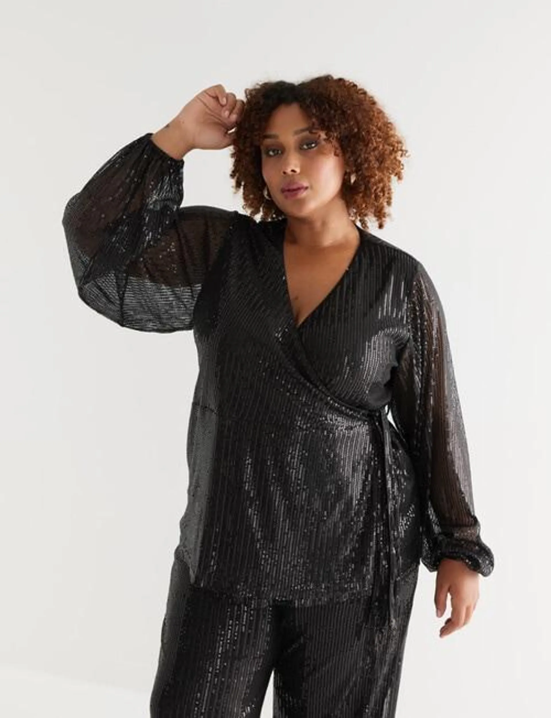 Studio Curve Wrap Sequins Top, Black