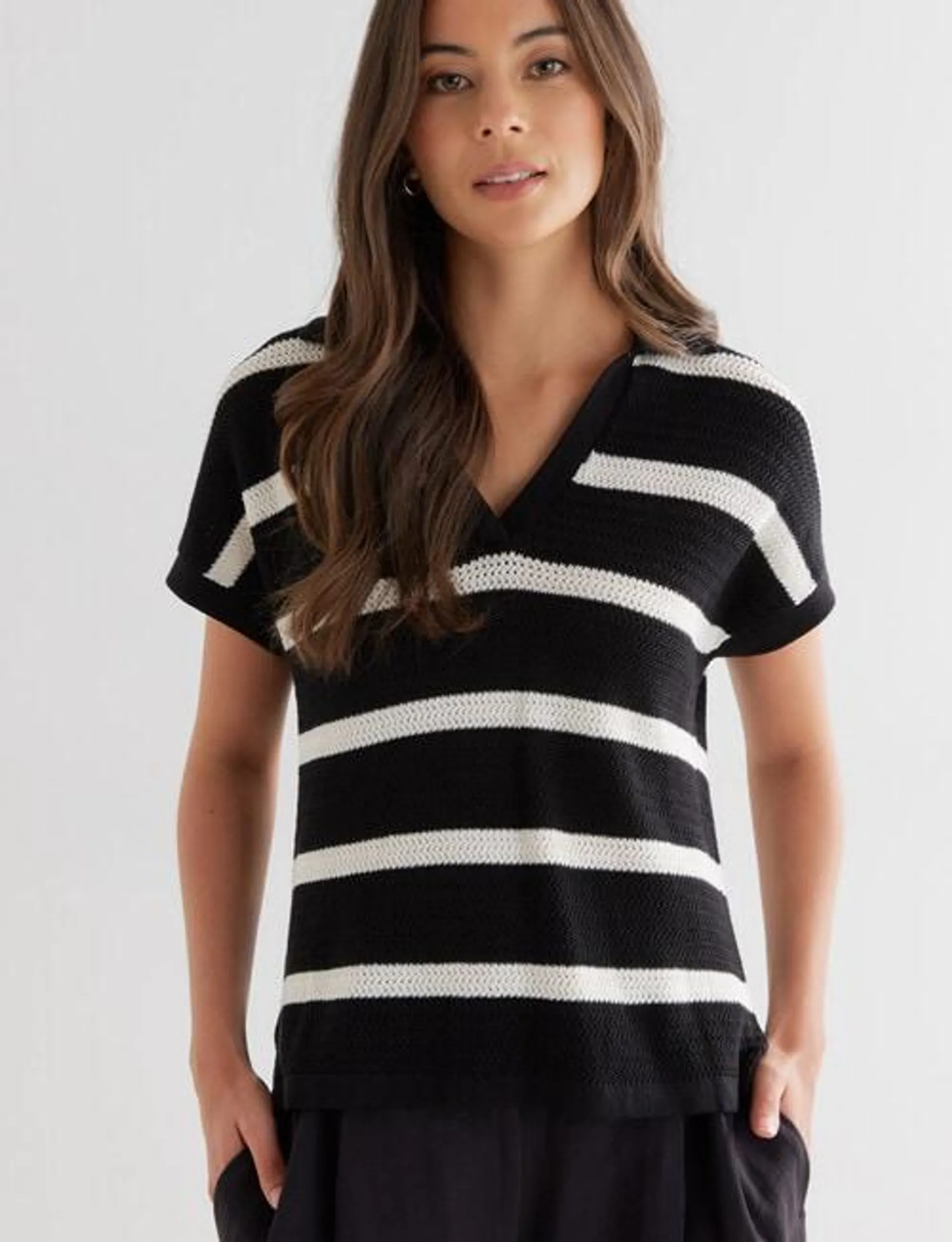 Whistle Stripe Short Sleeve Knitted Polo, Black & Ecru