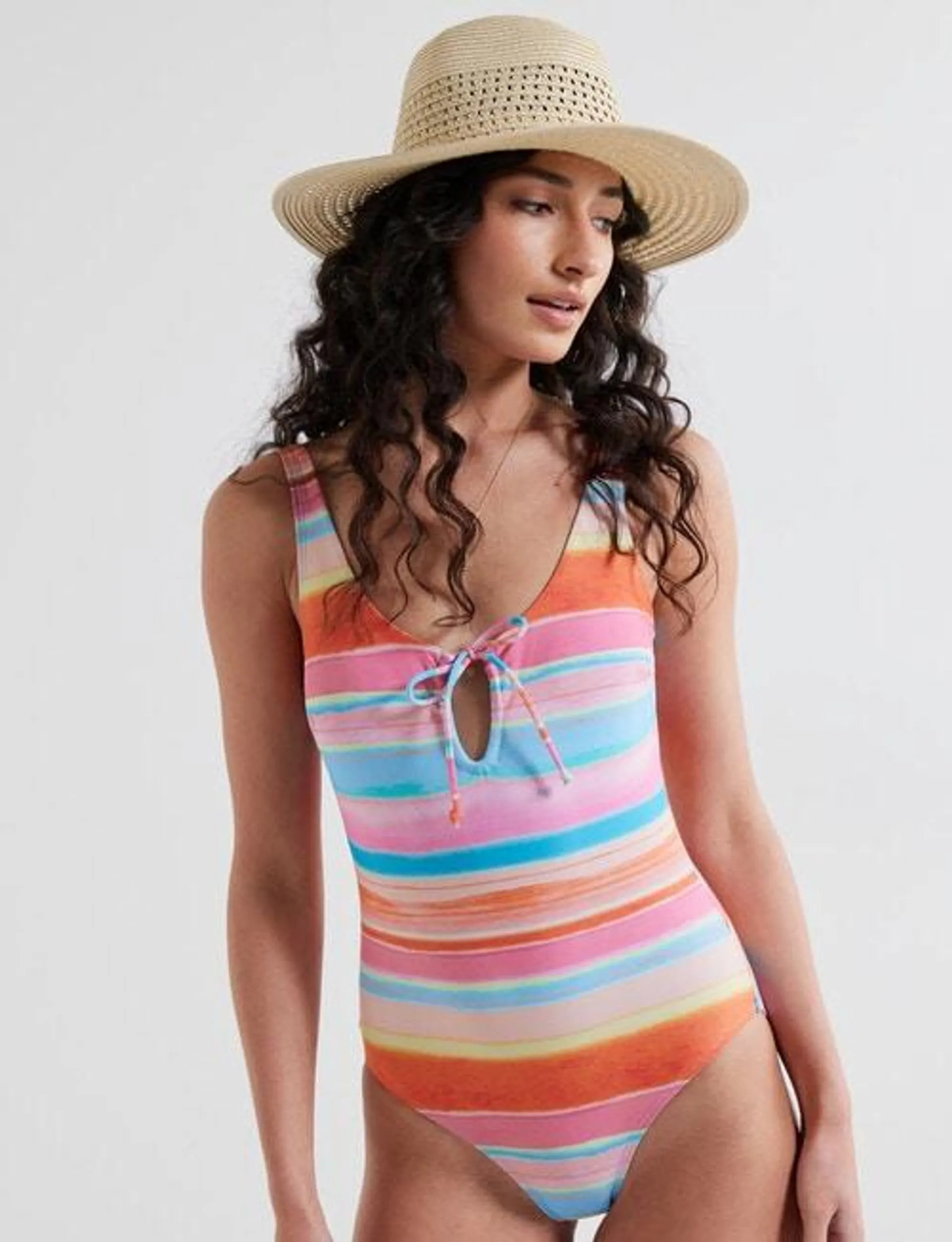 Zest Swimwear Striped Bow Front Suit, Hot Stripe