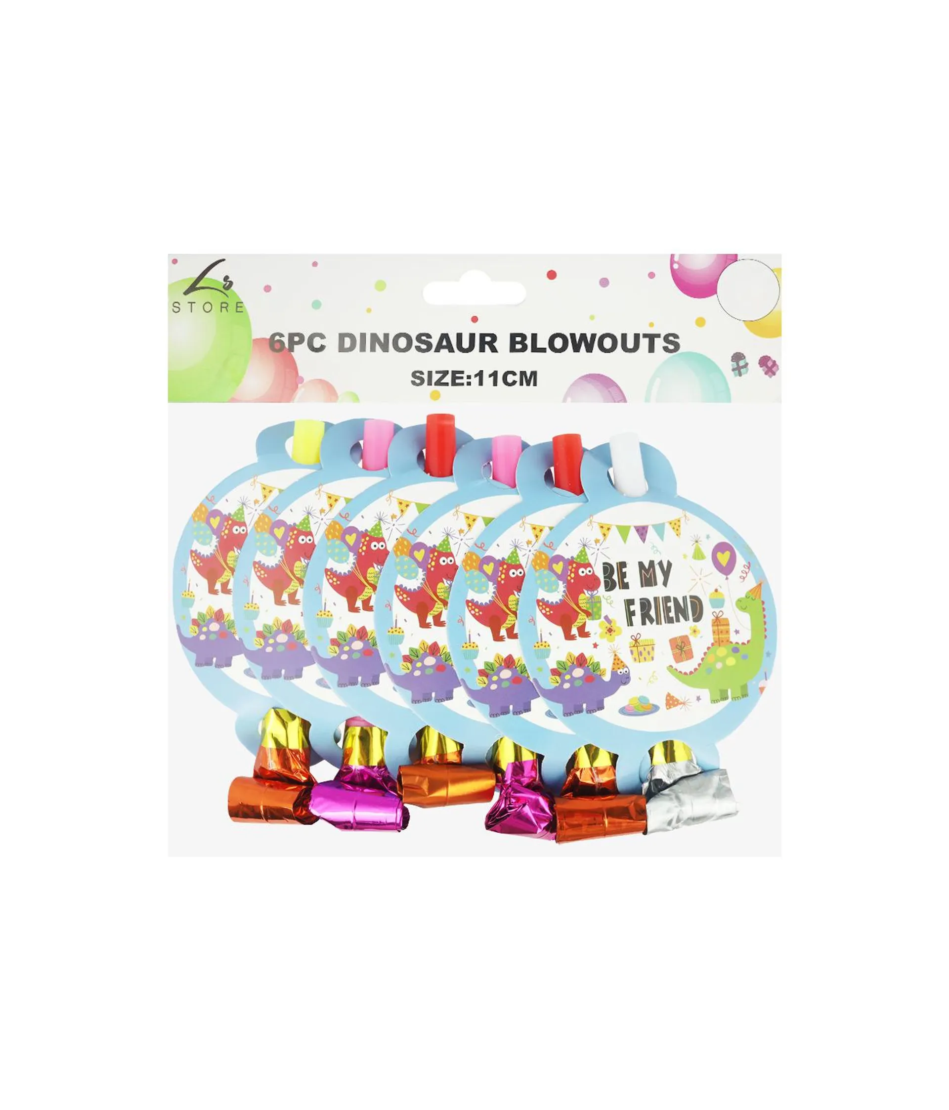 Dinosaur Party Blowouts With Face Card 11cm 6pk