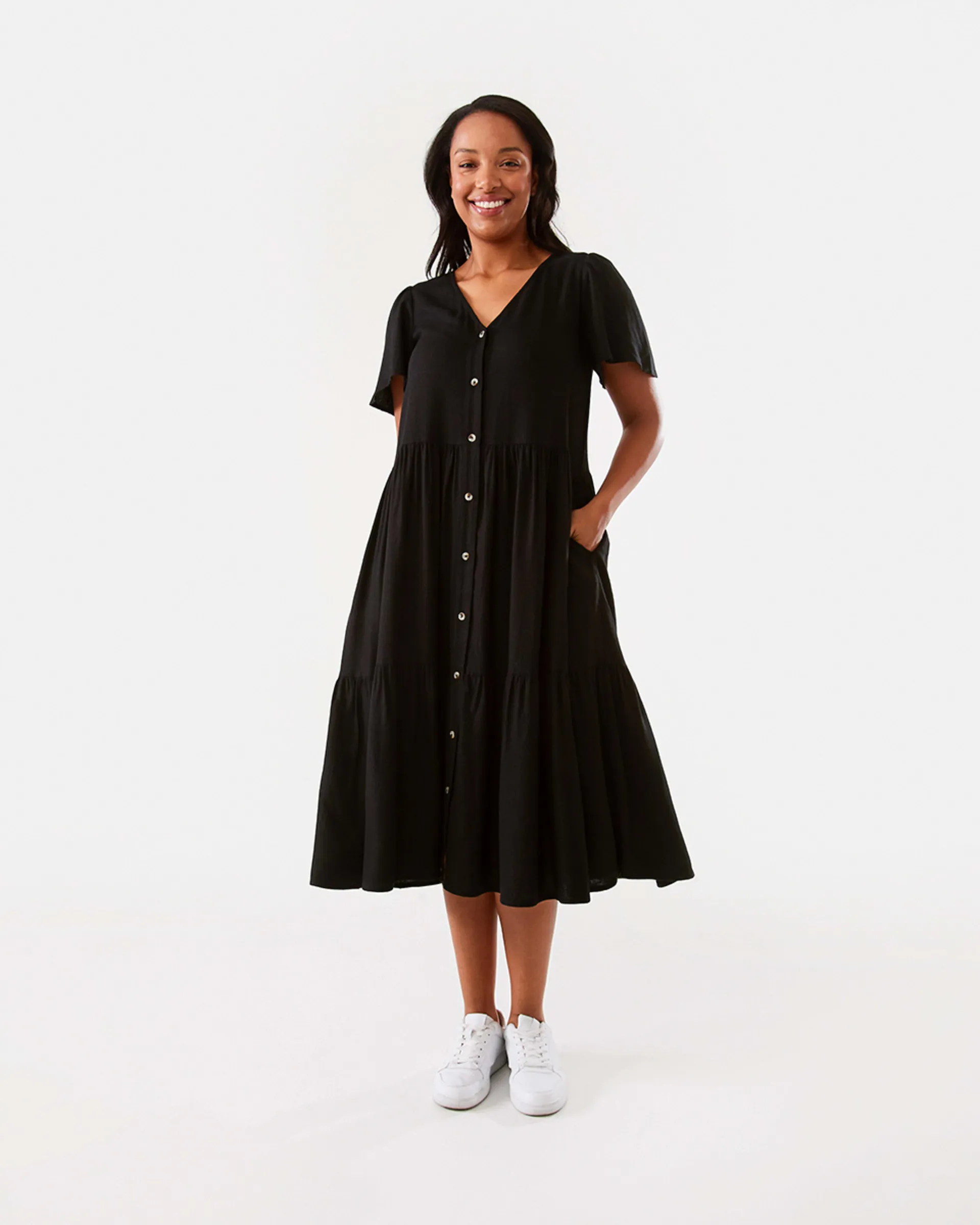 Short Sleeve Button Front Midi Dress